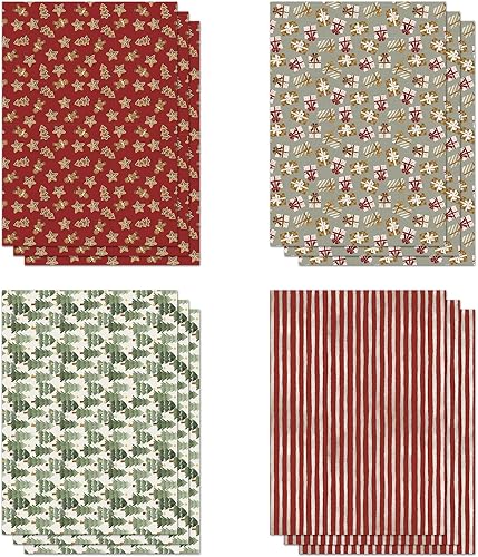 Miniatura 6 de FIEHALA Hojas planas de papel de regalo de Navidad, 12 hojas con 4 patrones rojos y verdes, diseño plano precortado y plegado (20 x 27.5 pulgadas