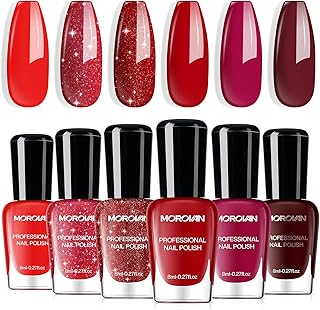 Morovan Red Nail Polish Set: Glitter Bright Burgundy Cherry Red Fingernail Polish Kit Shimmer Sparkle Air Quick Dry Nail Polish Pack for Manicure Holiday Party Valentine's Day Gift for Women Girls