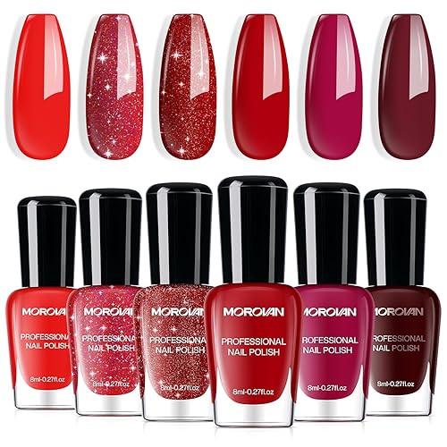 Morovan Red Nail Polish Set: Glitter Bright Burgundy Cherry Red