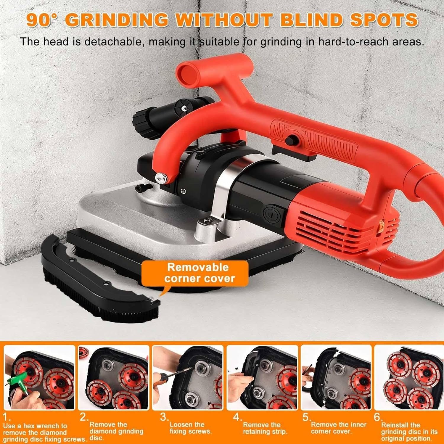 Levigatrice elettrica per calcestruzzo da 3600 W con Controllo a 6 velocità, 4 Dischi diamantati e Asta di prolunga - Ideale per lucidare superfici in calcestruzzo, Marmo e Granito. (Standard)