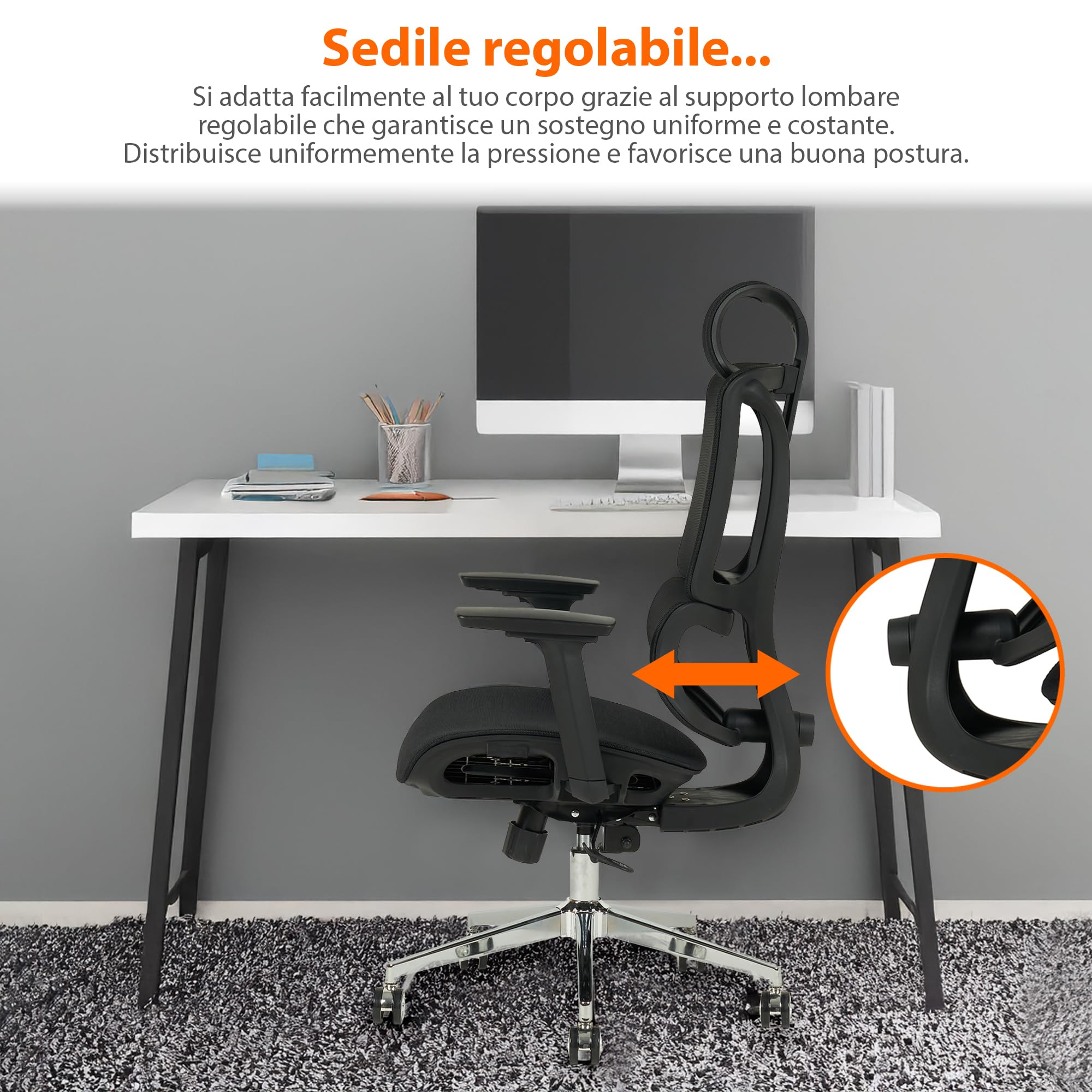 IlGruppone Sedia Ufficio Ergonomica Professionale Schienale Alto in Rete Gaming Poltrona Direzionale Altezza Regolabile Portata 150 kg con Supporto Lombare e Braccioli Regolabili - Nero