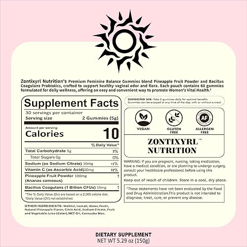 Miniatura 7 de Gomitas de equilibrio femenino prémium para mujer, gomitas de piña para mujeres, probióticos de pH y apoyo inmunológico, veganas, sin gluten, 60