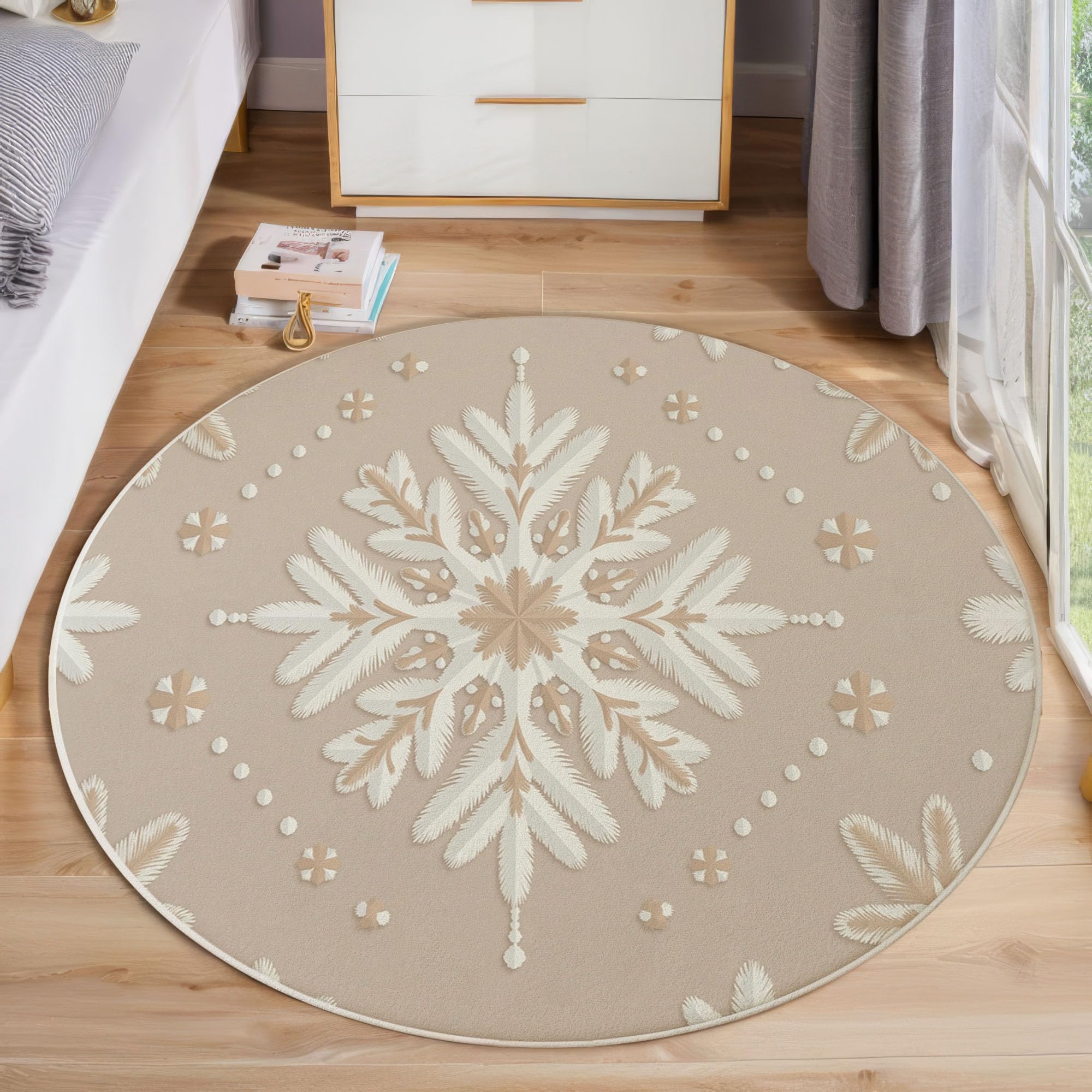 Tapis rond 80cm lavable en machine style nordique beige à poils bas