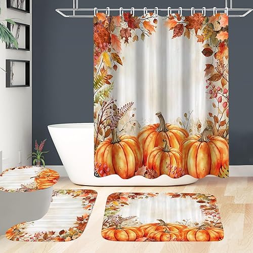 Miniatura 7 de Juego de cortina de ducha de calabaza de otoño, juego de baño de acuarela de cosecha de Acción de Gracias con alfombras, decoración de baño de otoño