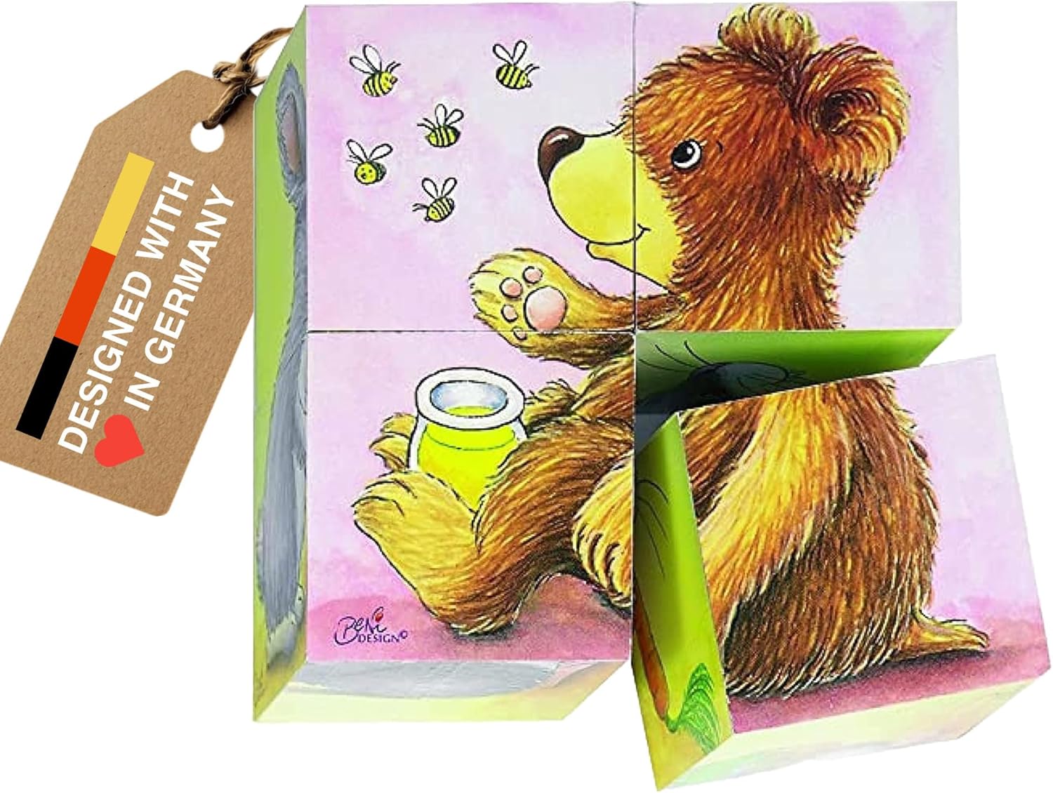 GOKI Wooden Cube Puzzles for Toddlers 2-4 Inspired Montessori Toy 6-in-1 Animal Toddler Puzzle - 4 Wooden Cubes - Educational Toy for Kids Ages 2+ Farm-Themed - Designed with Love in Germany