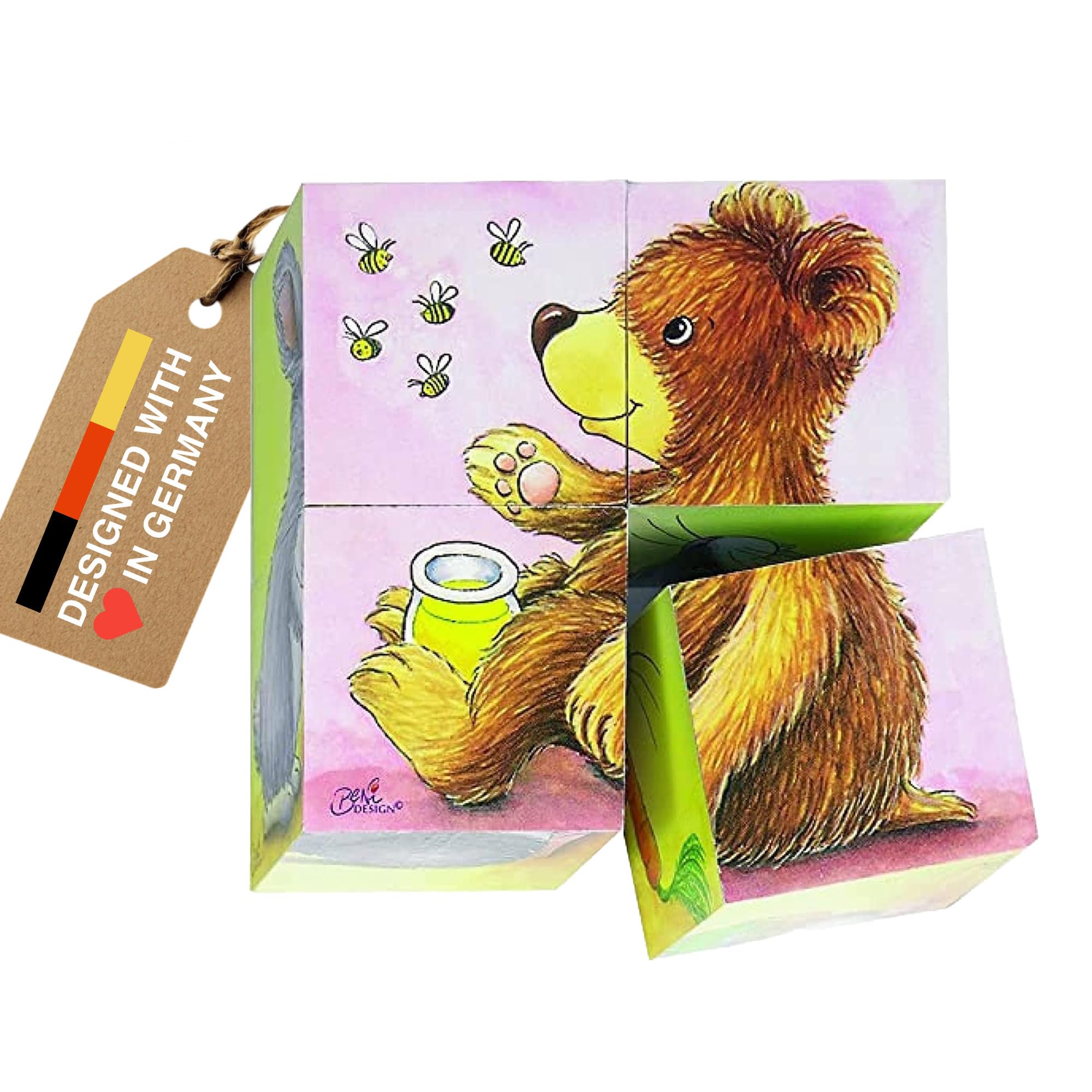 Wooden Cube Puzzles for Toddlers 2-4 Inspired Montessori Toy 6-in-1 Animal Toddler Puzzle - 4 Wooden Cubes - Educational Toy for Kids Ages 2+ Farm-Themed - Designed with Love in Germany