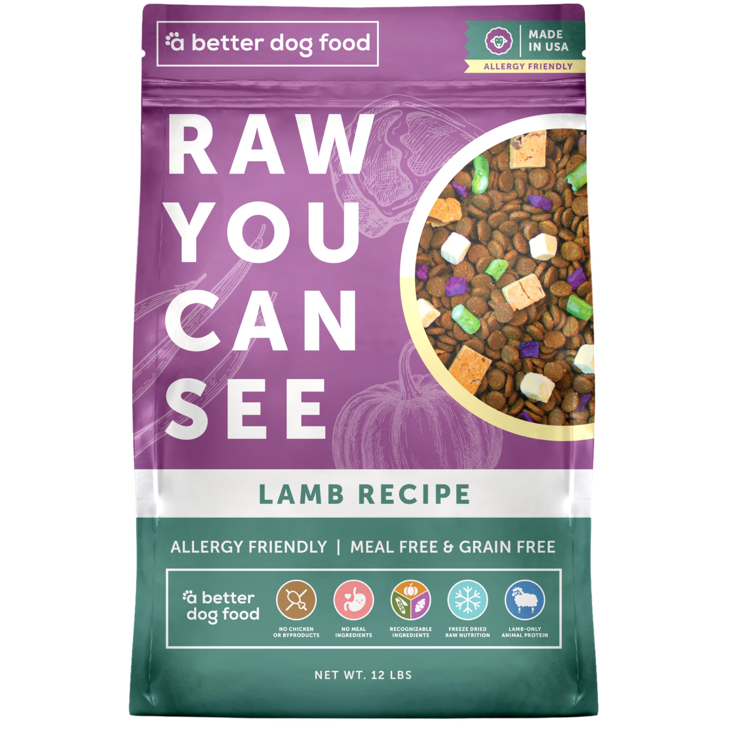 A Better Treat | Allergy Friendly Lamb Dry Dog Food | Raw You Can See | No Chicken, Lamb Only Animal Protein, No Meal Ingredients, Grain Free |