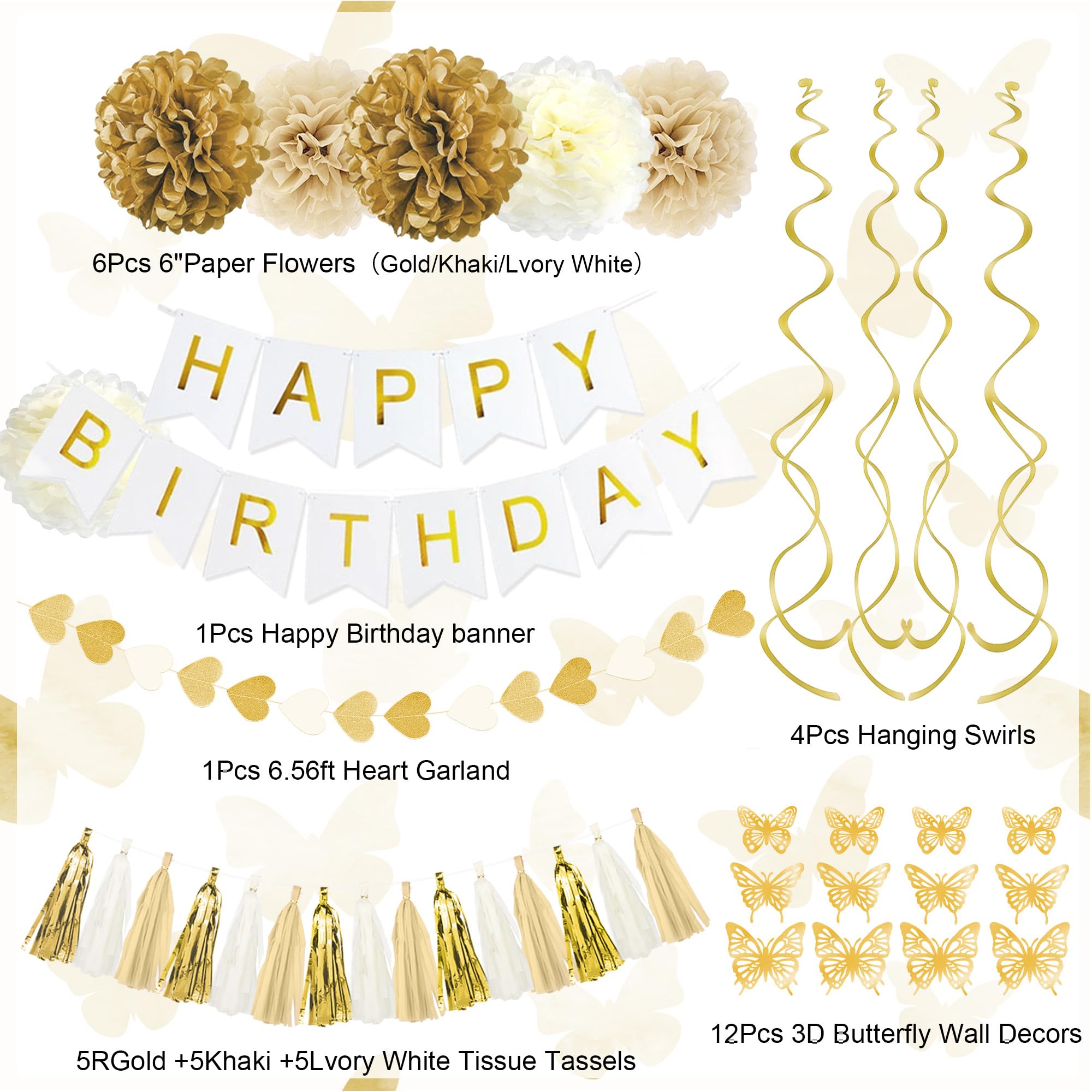 White and Gold Birthday Party Decorations Kit for Women Girls, Gold White Sand Confetti Foil Balloons Happy Birthday Banner Fringe Curtains Butterfly Garland 30th 40th 50th Baptism Communion Supplies
