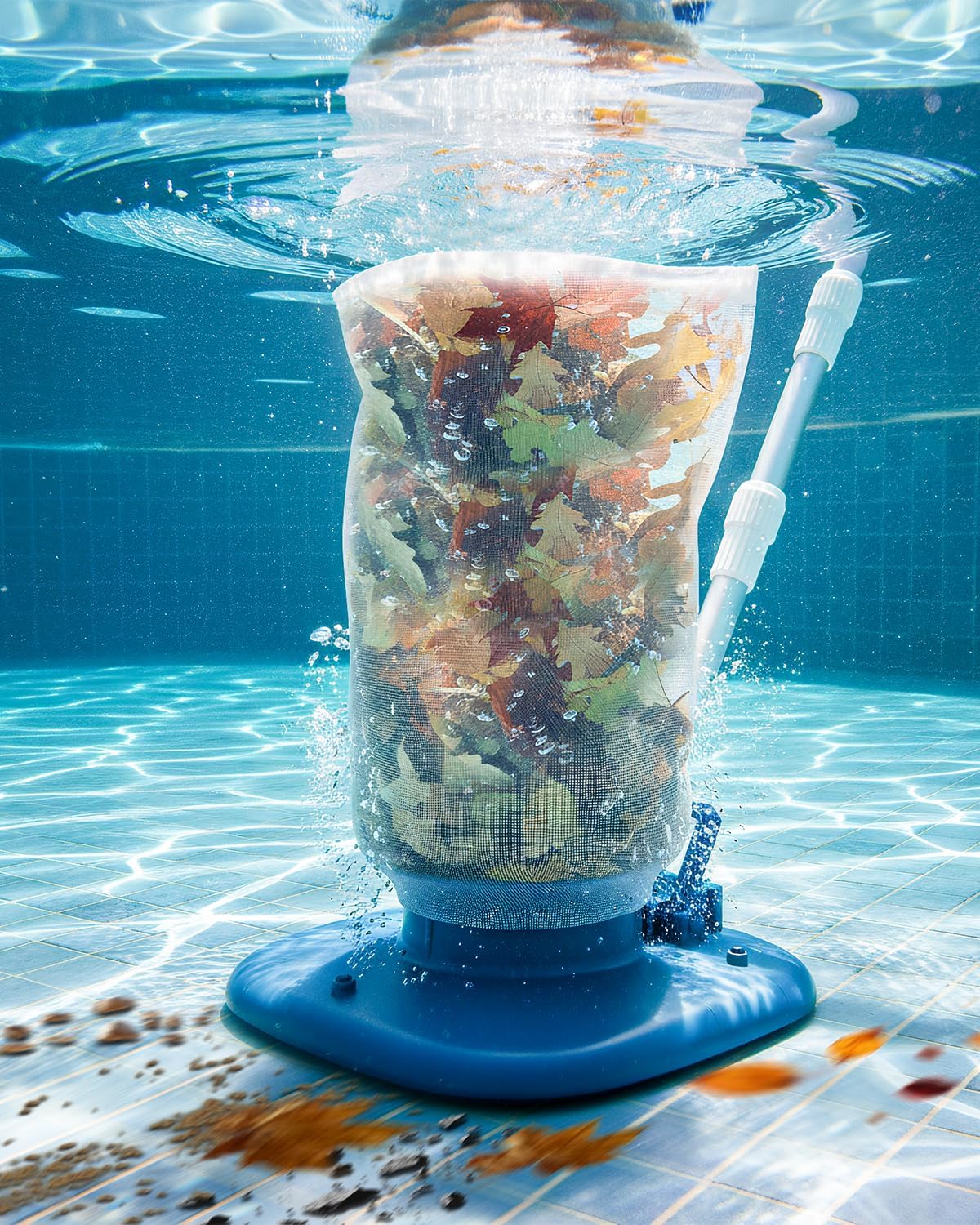 rechargeable pool leaf vacuum with telescopic pole, 83gpm powerful suction– cordless pool skimmer for inground & above ground pools with 6.6gal leaf catcher bag for heavy debris areas