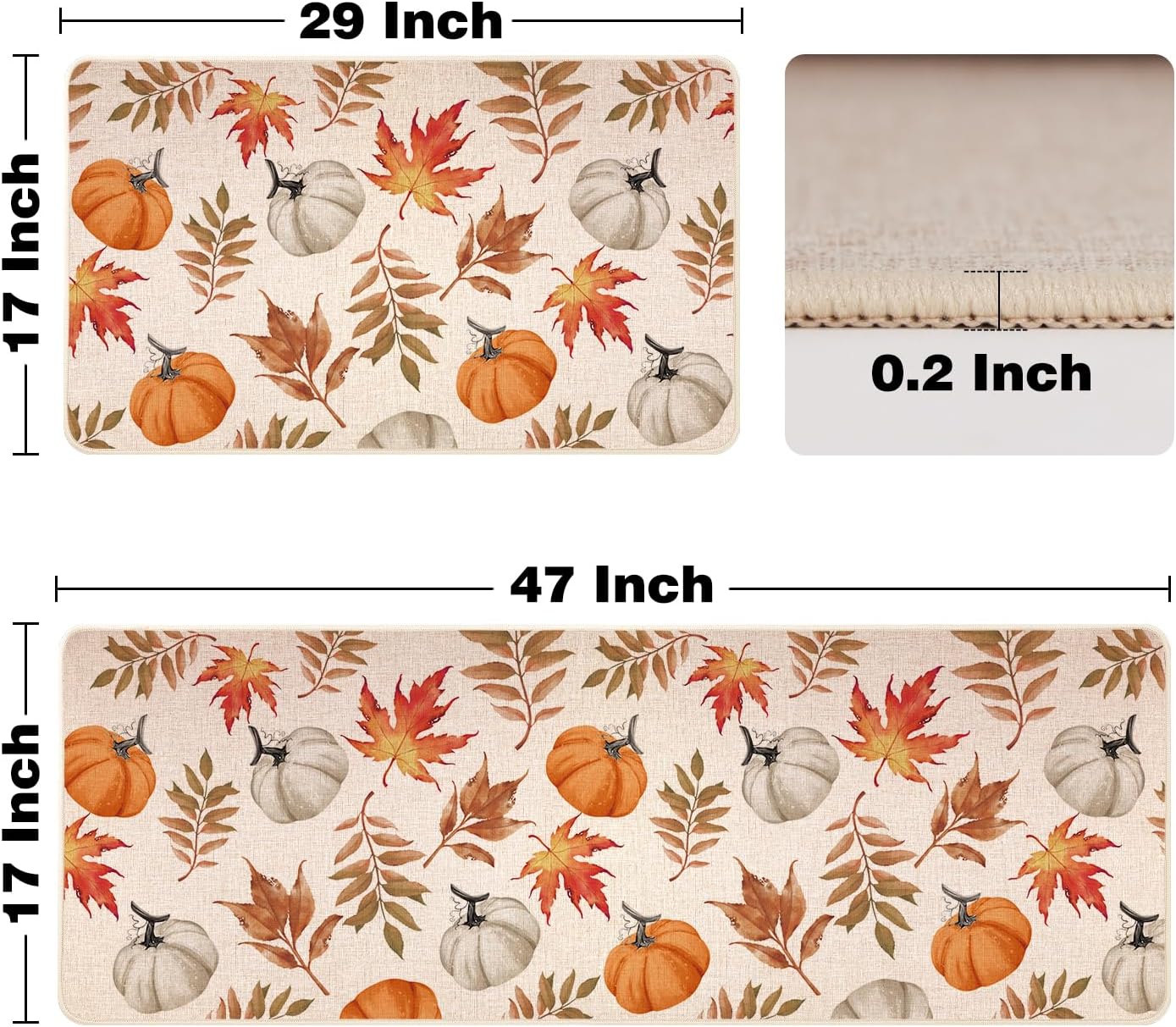 Siilues Fall Kitchen Mats Set of 2, Non-Slip Fall Leaves Pumpkin Kitchen Rugs for Floor Seasonal Autumn Thanksgiving Home Decor Low-Profile - 17x29 and 17x47 Inch