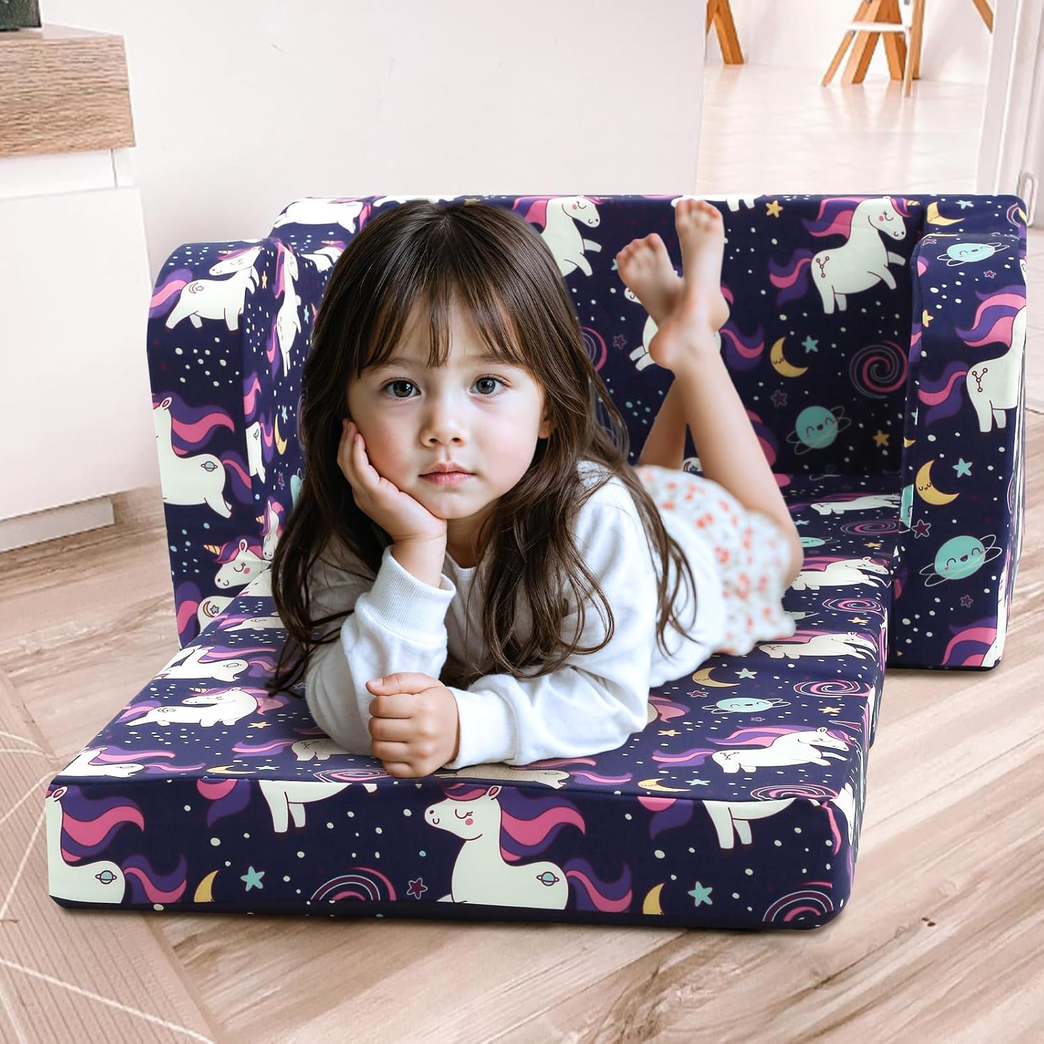 MeMoreCool Kids Folding Couch – Purple Unicorn Toddler Chair, Fold-Out 2-in-1 Sofa Bed Comfy Foam Seating, Washable Cover, Armrests & Side Pocket for Playroom or Nursery Ages 1–3 - Image 2
