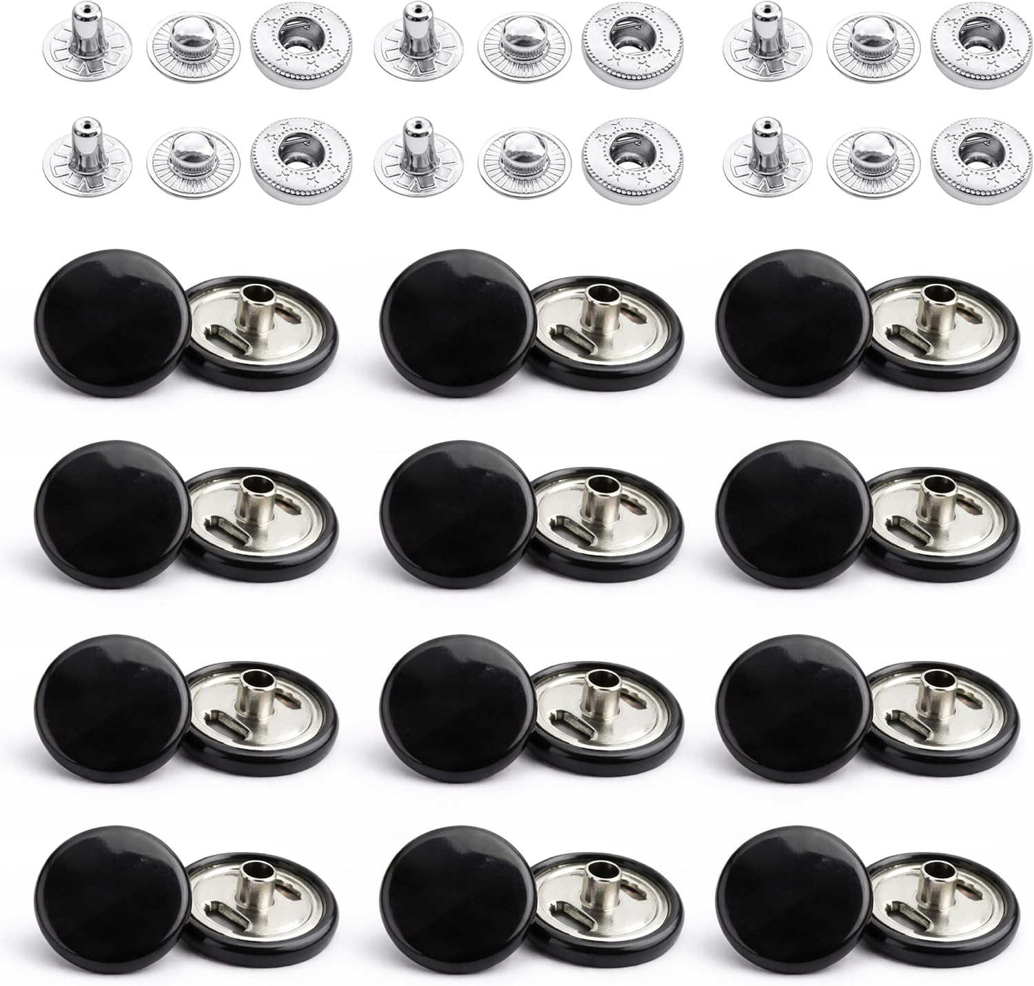 Weddecor 50 Sets Shiny Black Snap Fasteners Large 4 Parts Press Studs Durable Metal No-sew Buttons for Leathercraft, Sewing, Jackets, Shirts, Fabric Repair DIY Projects, 15mm