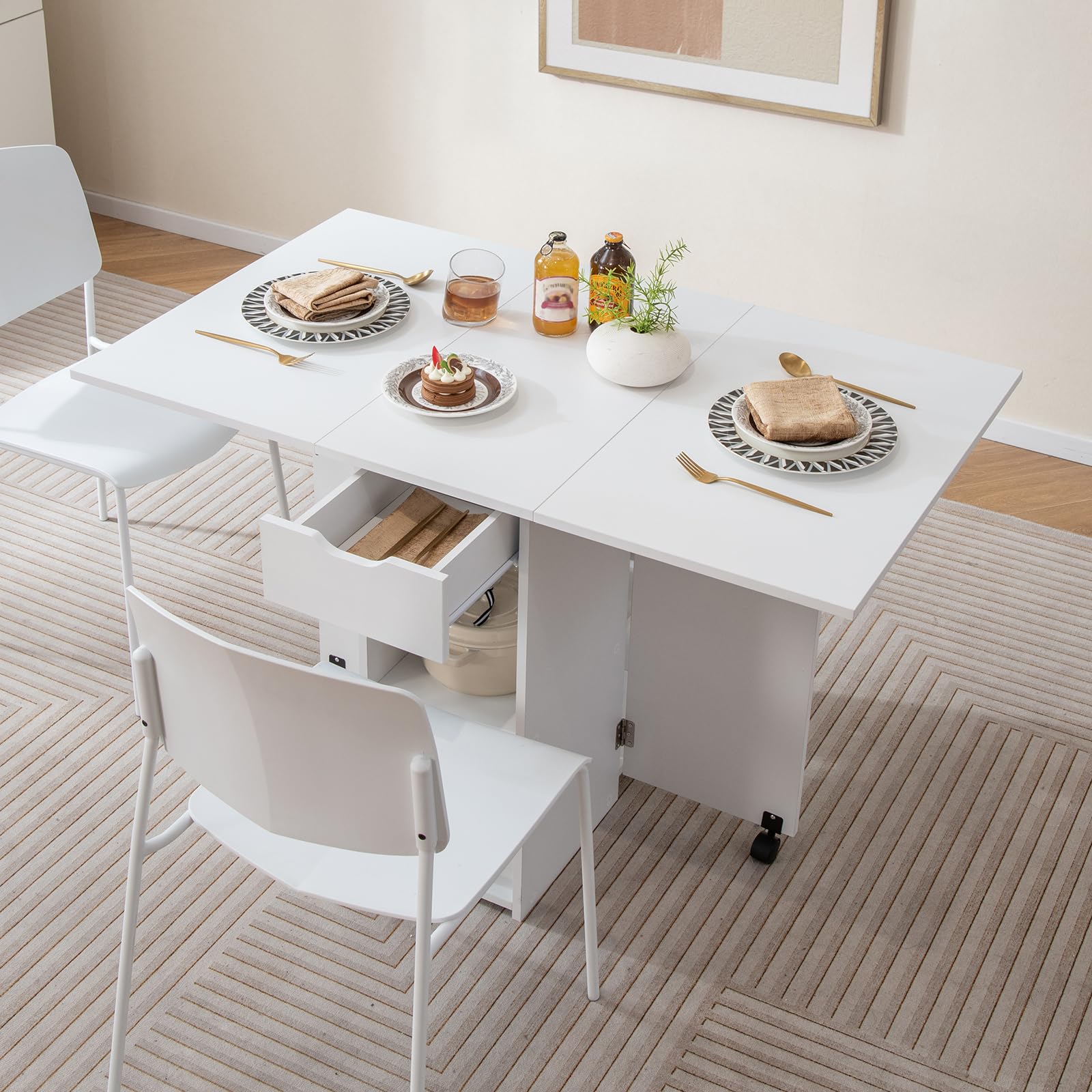 LIFEZEAL Mesa de Comedor Plegable 3 en 1, 120x77cm, Mesa de Cocina para 4-6 Personas, Mesa Extensible con 2 Ruedas, 1 Cajón, 2 Estantes, para Comedor, Sala de Estar (Blanco)