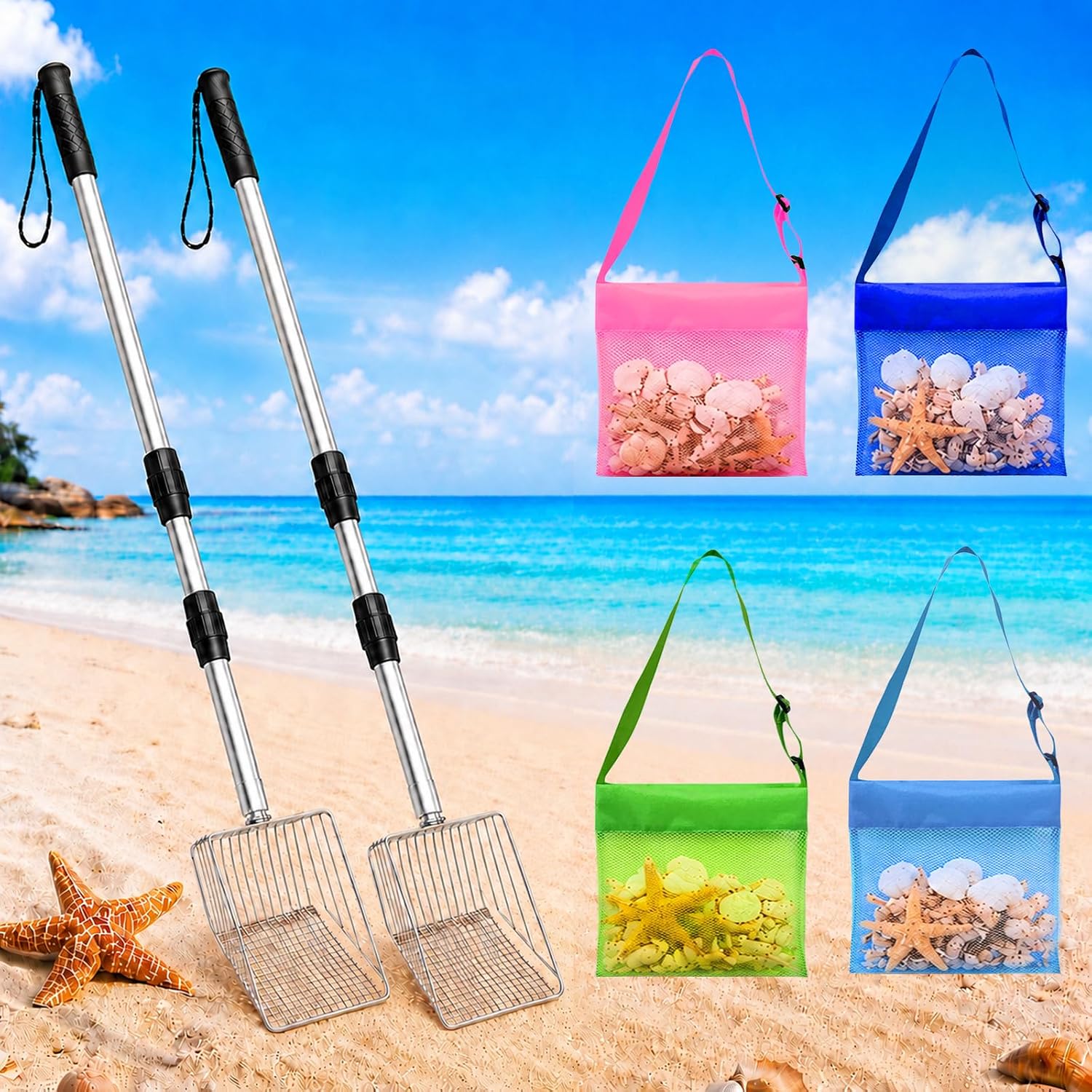 6 Pack Shark Tooth Sifter with Mesh Shell Bags, Beach Sand Sifter for Shark Teeth, Beach Sifter & Shell Scooper for Beach, Retractable Beach Shovel for Adults and Kids