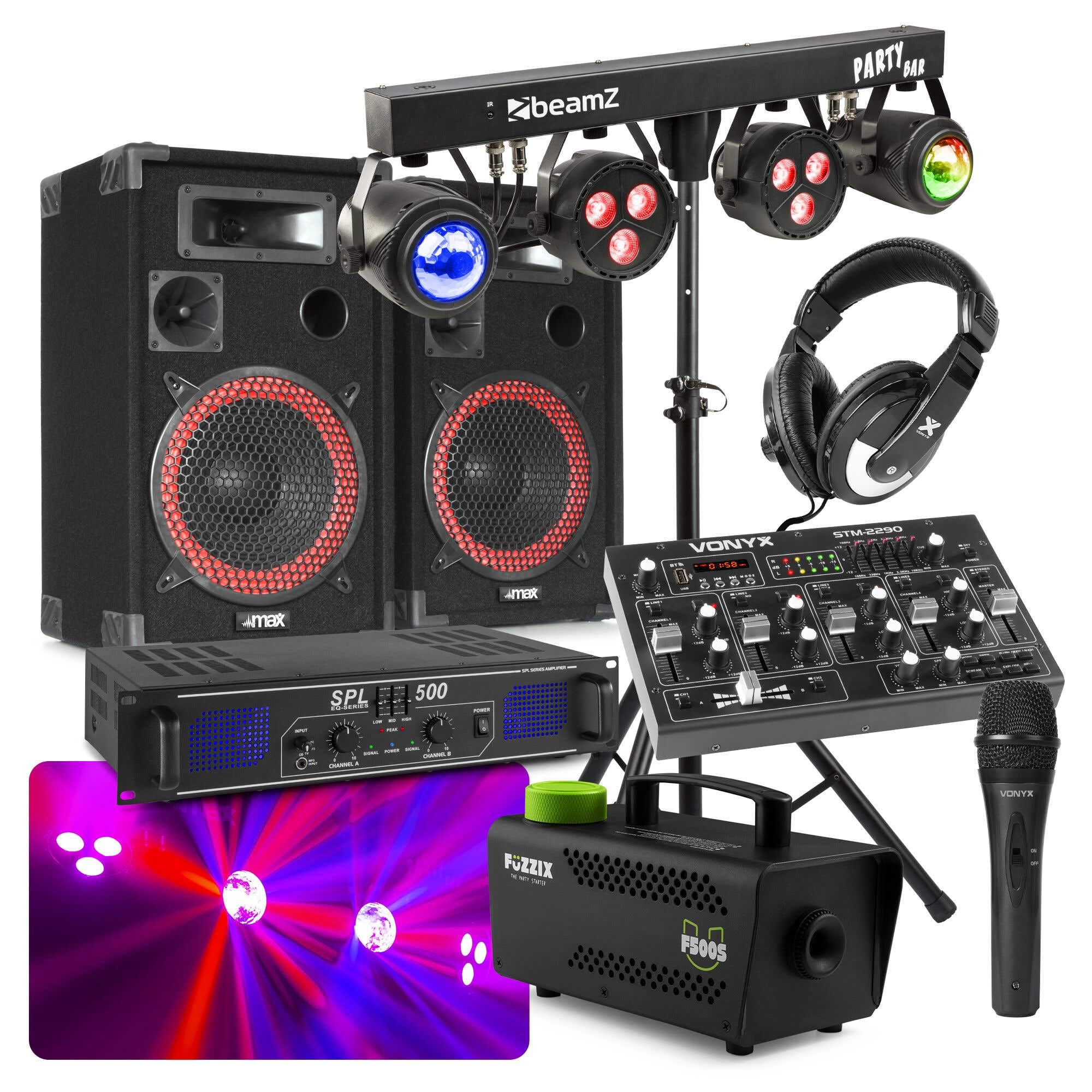 MAX Bluetooth DJ Komplettset 500 W – 2X 8 3-Wege Lautsprecher - 500 Watt Verstärker - 8 Kanal Mixer mit Bluetooth, USB, SD - LED Parbar Lichtorgel, 500 W Nebelmaschine, Mikrofon Kopfhörer Kabel