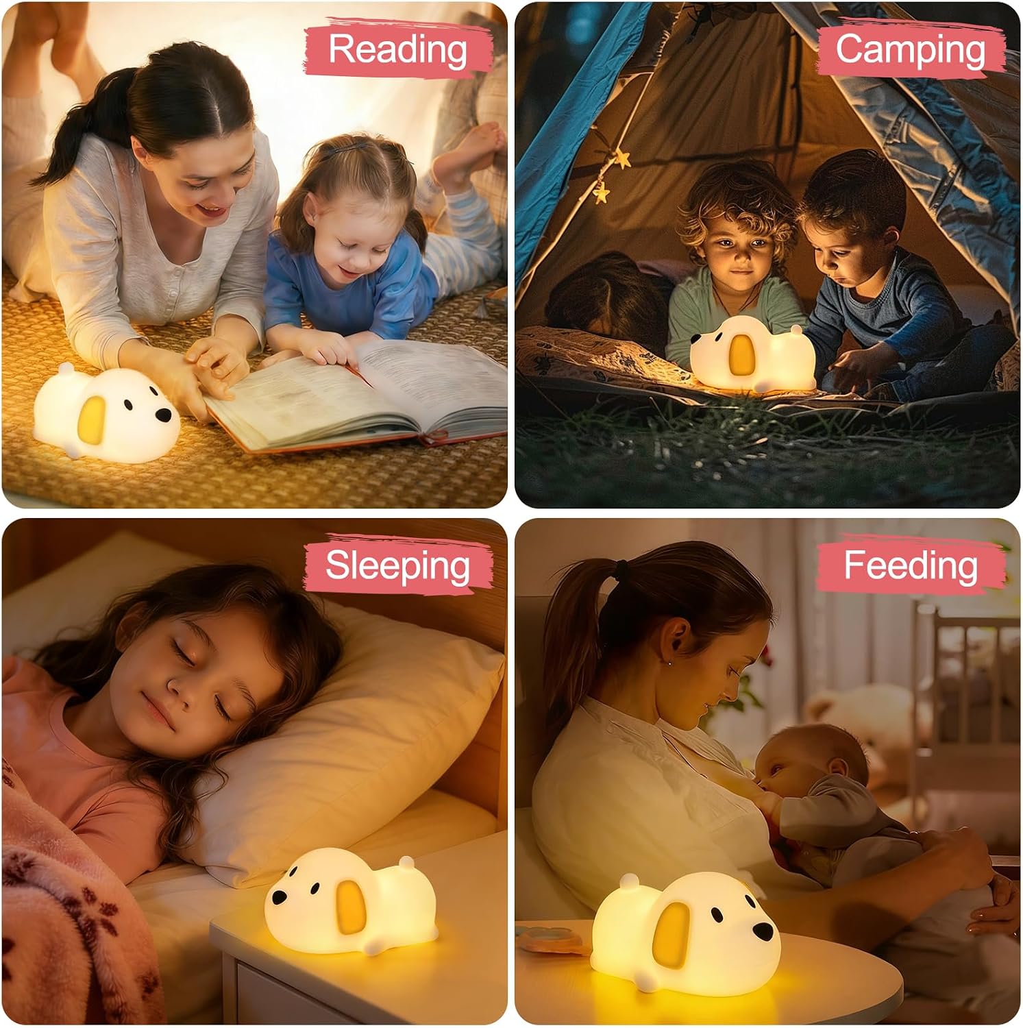Dog Night Light & Lamp for Kids - Squishy Silicone Lying Puppy, Dimmable and 7 RGB Colors, Switchable Animal Sound, Portable Rechargeable BPA-Free, Gift for Children/Teens/College Students/Girlfriends