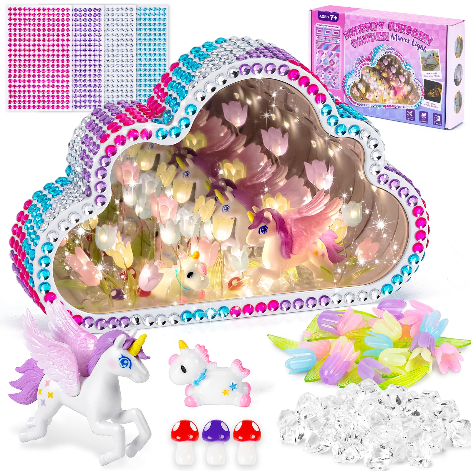 Highttoy Kit Manualidades Niñas, Crear Lámpara Espejo Tulipán Infinita Unicornio 2 en 1, Kit Creativo DIY Luz Nocturna Espejo Nube, Manualidades Niñas 7 8 9 10 Años, Regalo Niña 7-12 Años