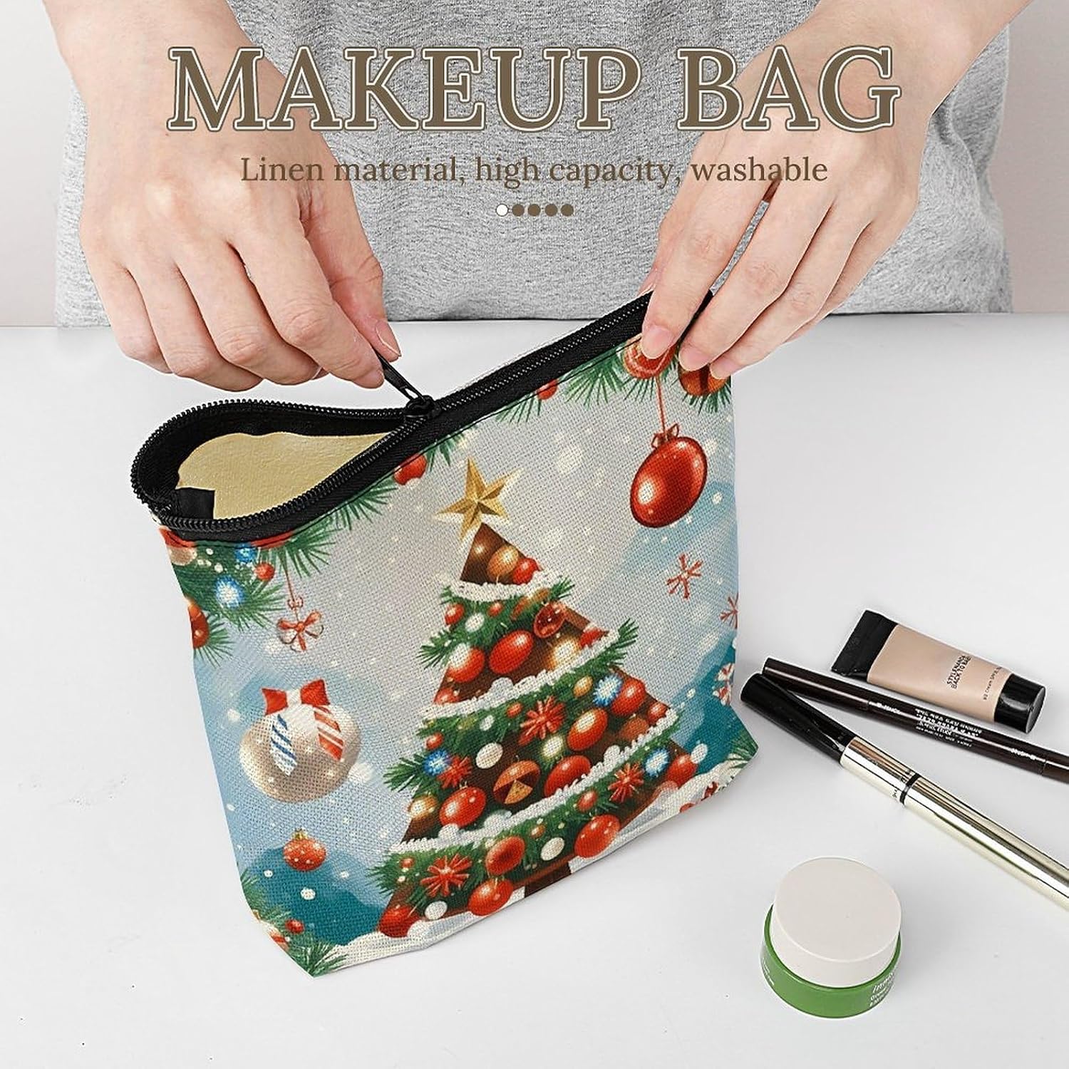 Red Christmas Tree Makeup Bag Cosmetic Bags Toiletry Bag image 5