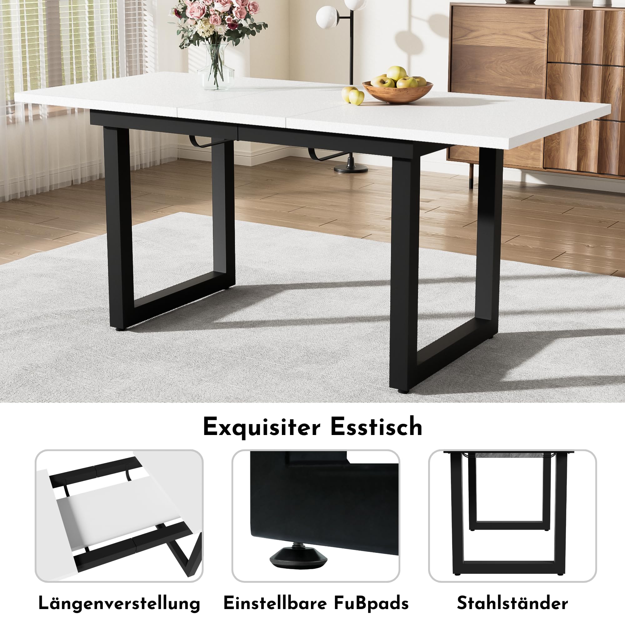 Merax Esstisch 140/180x80x75cm, Ausziehbar Esszimmertisch mit Tischbeine aus Metall, Rechteckiger Küchentisch für Wohnzimmer und Esszimmer, Weiß