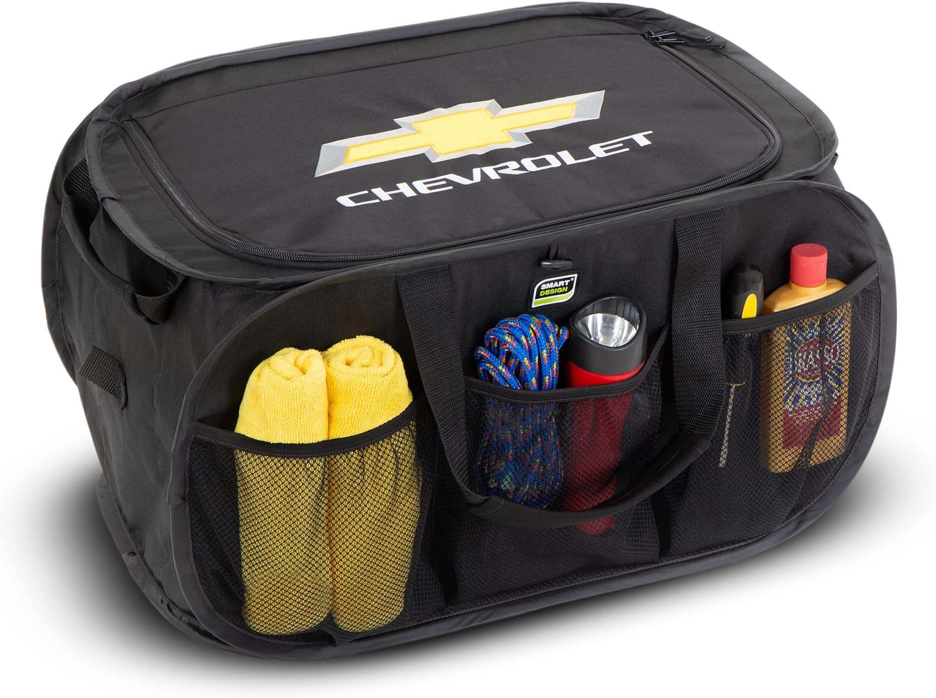 Pop Up Chevy Trunk Organizer with Easy Carry Handles, Side Pockets, and Zipper Top - Collapsible Design - Holds 50 lbs. - Durable Fabric - 23 Inch - Home Organization - Chevrolet