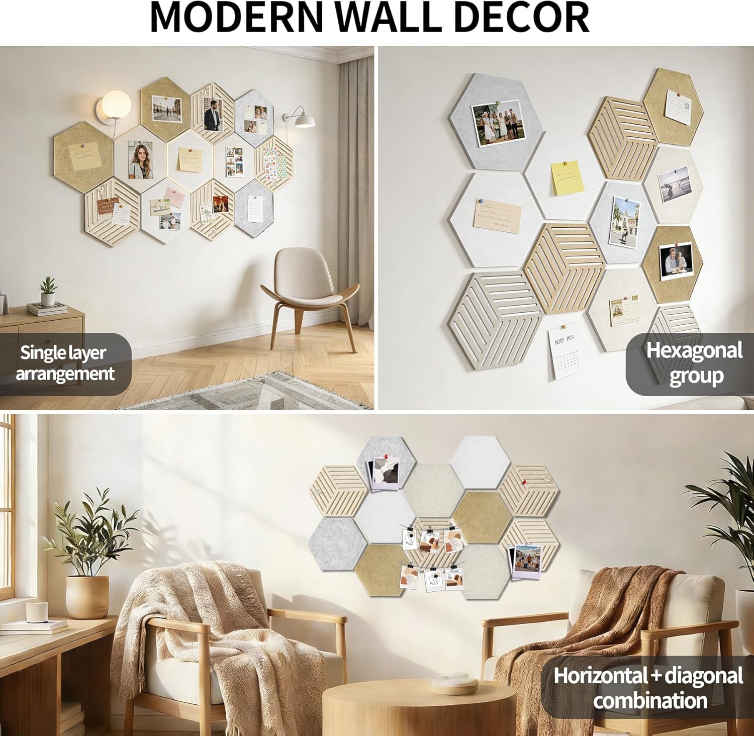 Hexagon Felt Bulletin Board Tiles 12-Pack 12″ Cork Board Alternative Pin Board for Wall, Modular Felt Wall Decor with Removable Nano Adhesive & Safe Push Pins for Home Office, Dorm Bedroom