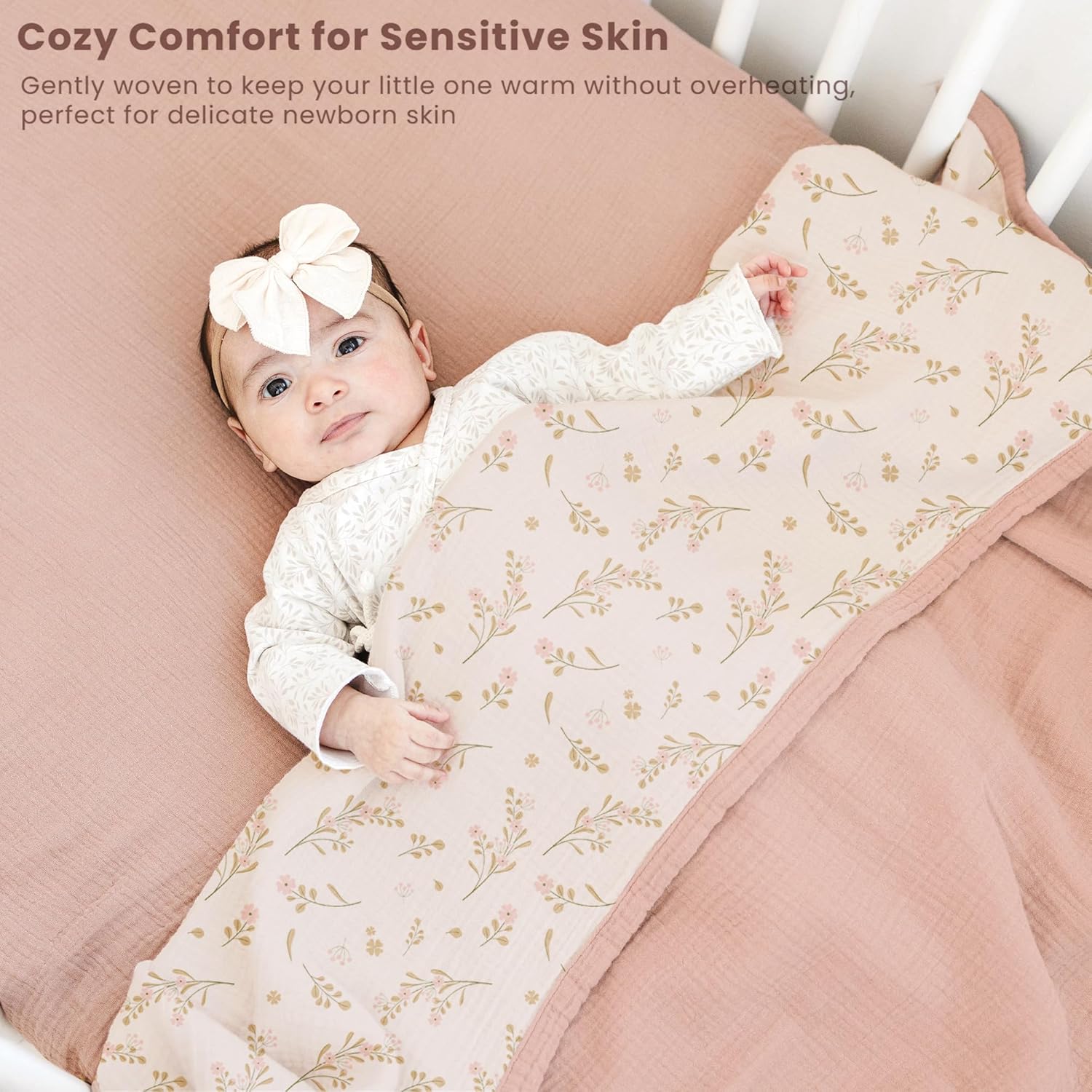 Konssy Muslin Baby Blankets for Girls Boys, 100% Cotton Crib Blanket for Infant Toddler, Super Soft and Lightweight Nursery Swaddling Wrap 47"x47" (Floral) - Image 2