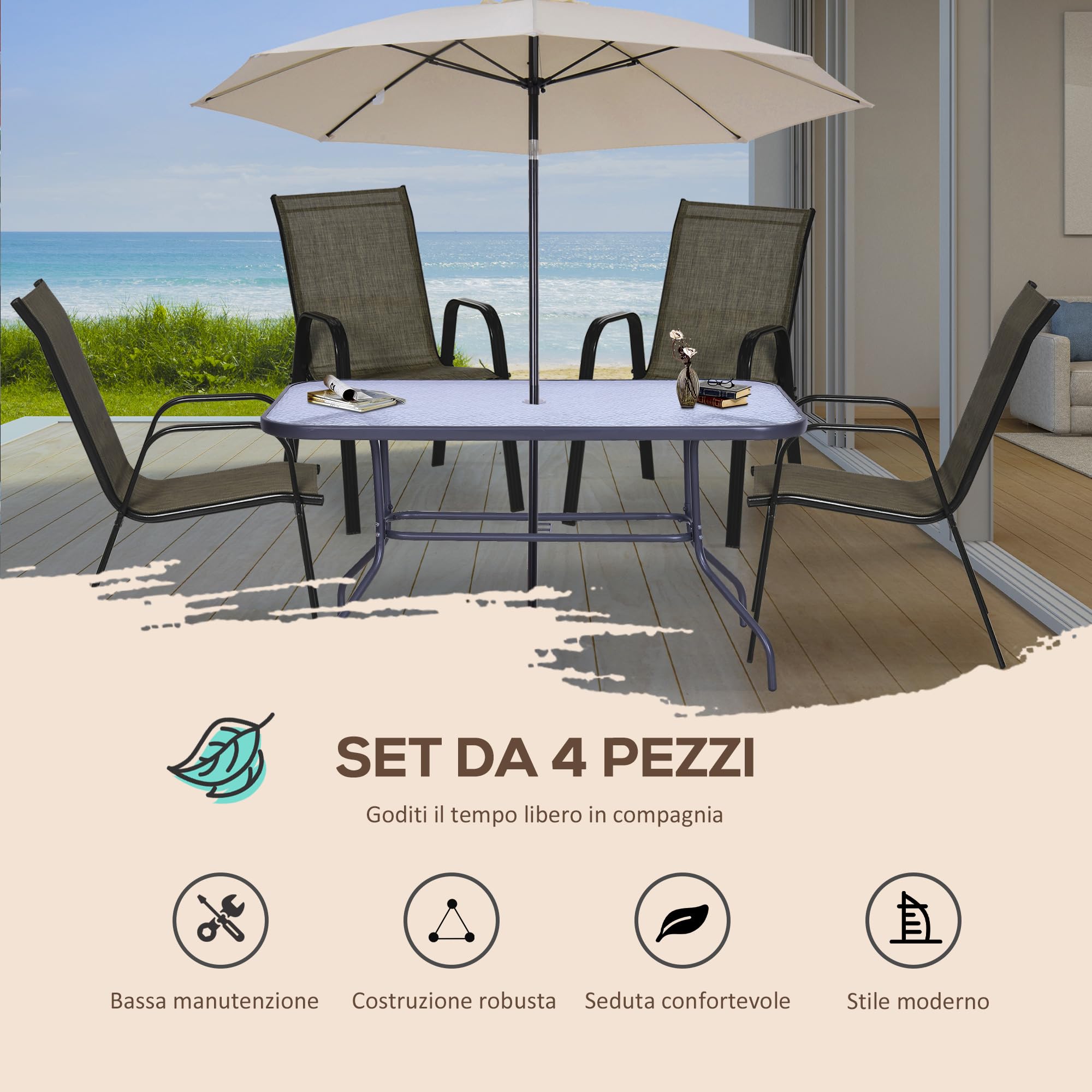 Outsunny Set 4 Sedie Da Giardino Impilabili - Poltrone Da Esterno In Textilene, Struttura In Acciaio, Con Braccioli, Marrone, 58x65x85 Cm - 3