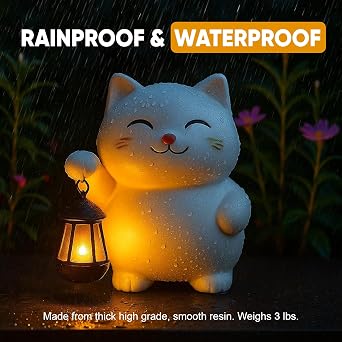 Solar Cat Garden Statue with Lantern Outdoor Cat Statue for Garden, Patio & Yard, Weatherproof Resin Figurine Lawn Ornament Garden Decor with Soft Solar Glow
