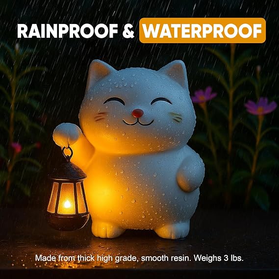 Solar Cat Garden Statue with Lantern Outdoor Cat Statue for Garden, Patio & Yard, Weatherproof Resin Figurine Lawn Ornament Garden Decor with Soft Solar Glow