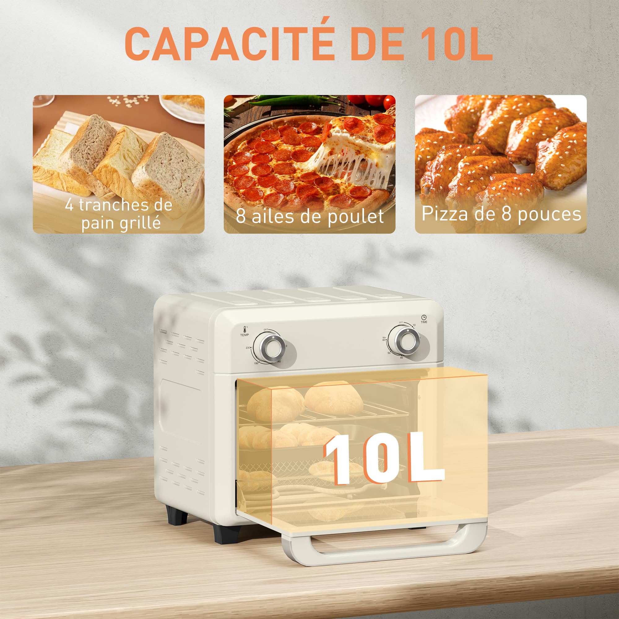 HOMCOM Mini four à air chaud 10L, four à chaleur tournante 1000W friteuse sans huile minuterie 60 min avec température réglable 80°C-230°C, plaque & grille de cuisson inclus, crème