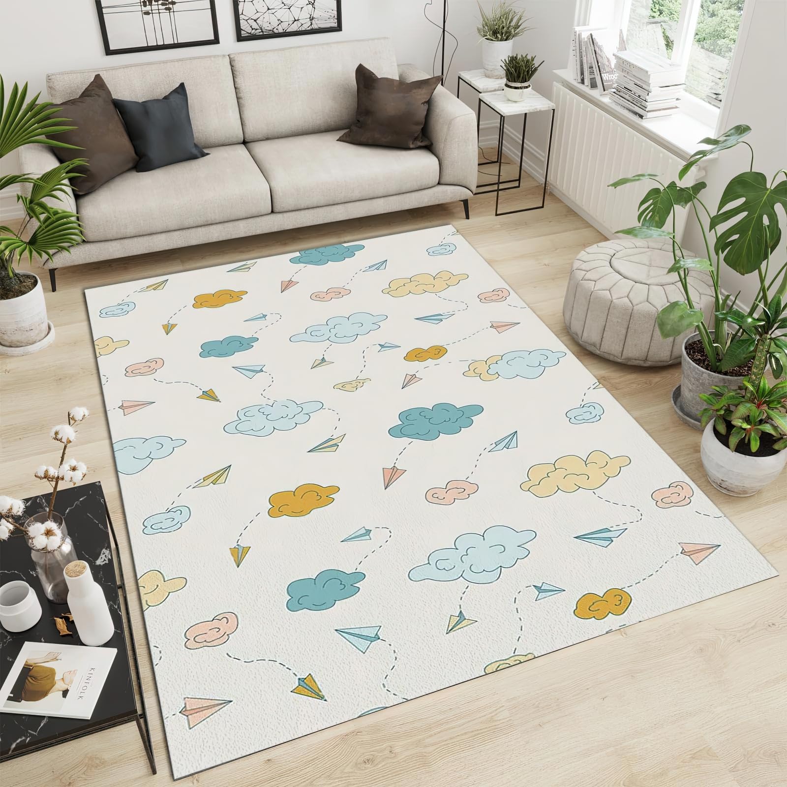 Cloud Paper Airplane Cartoon Area Rug, Modern Minimalist Childlike Non Slip Noise Reduction Kids Rugs, Machine Washable Durable Carpet for Indoor Bedroom Living Room Decor Rug - 4 ft x 6 ft