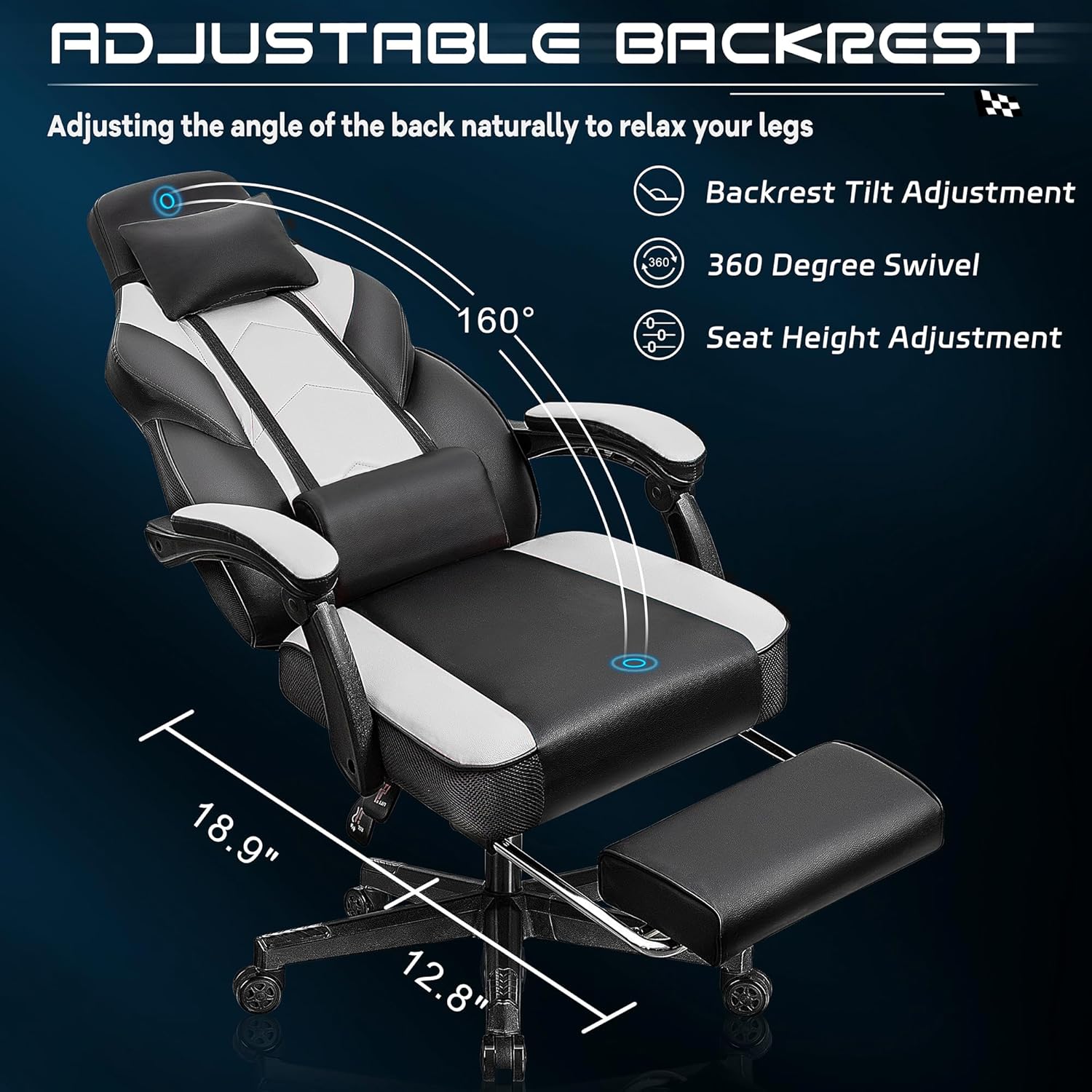 Meilocar Big and Tall Gaming Chair for Adults, 330lbs Heavy Duty Computer Chair with Footrest, Video Game Chair, Massage Lumbar Support, Wide Seat High Back Reclining Desk Chair, White - 4