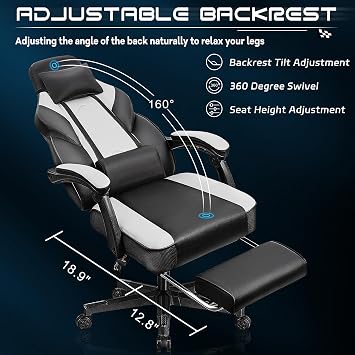 Gaming Chair for Adults, Gaming Chairs with Footrest, Ergonomic Video Game Chair with Massage Lumbar Big and Tall Computer Chair, Height Adjustable with Headrest and 360 Swivel Seat, White