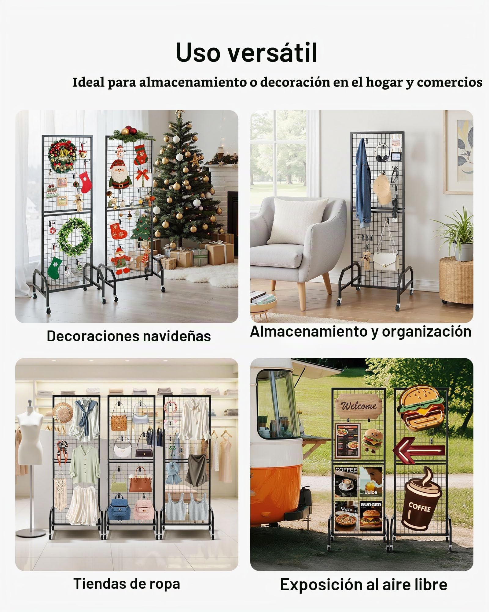 VEVOR Paneles de Pared de Rejilla, 3 Unidades, Expositor de 60 x 40 x 164 cm con Ruedas y 30 Ganchos, Estantes de Acero al Carbono, Estante para Exhibir Arte y Almacenar Decoración, Negro