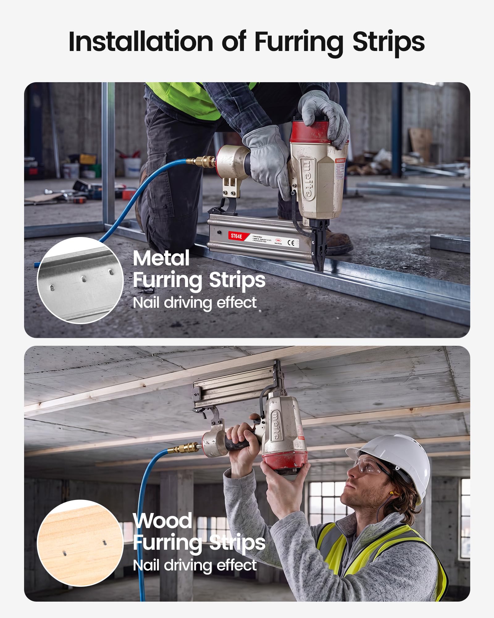 meite ST64E Beton-Nagelpistole mit 400 Stück 14 GA 2,5–0,6 cm T-Nägeln