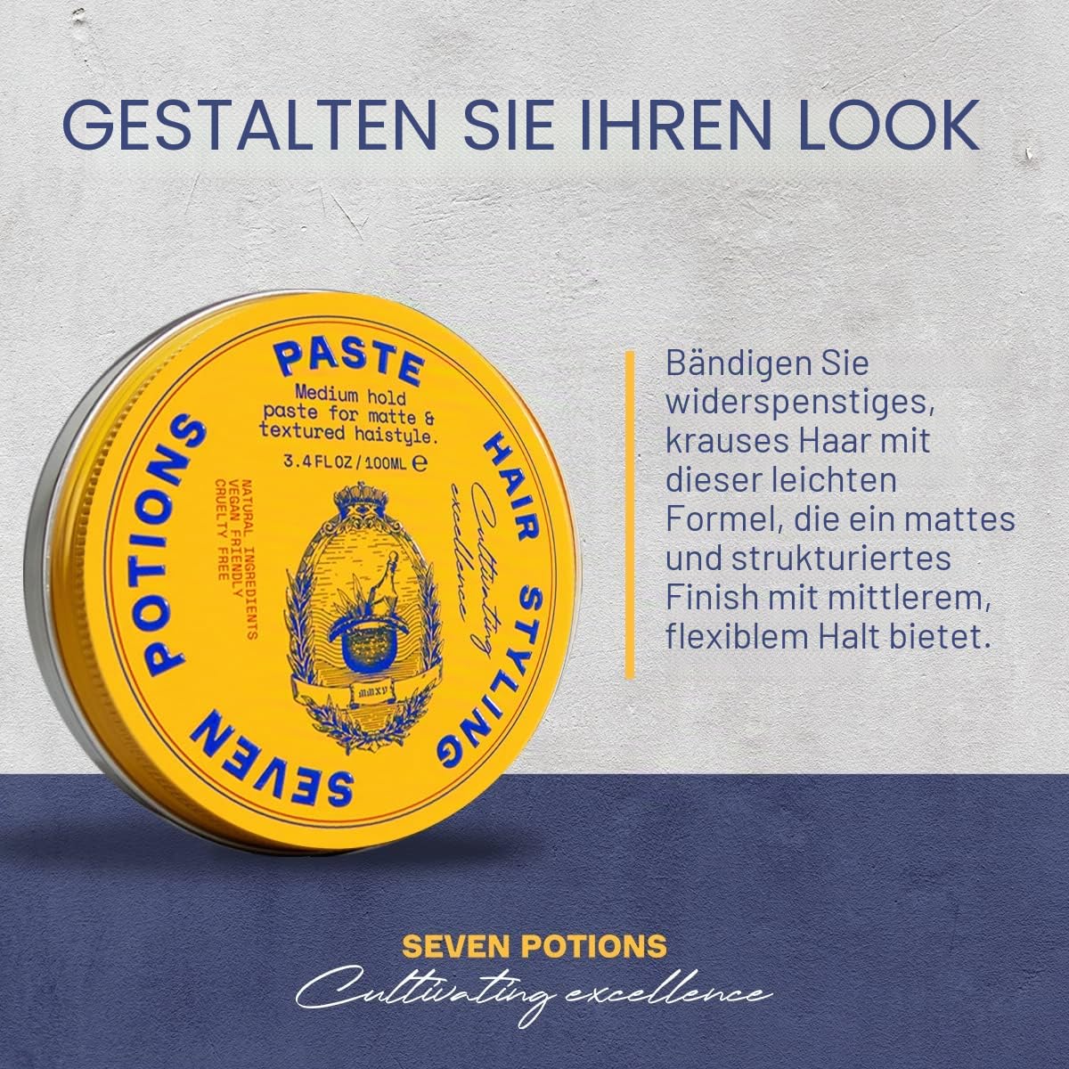 Seven Potions Haarstylingpaste für Männer 100ml - Mittlerer flexibler Halt Knete - Mattes und strukturiertes Finish - Einfache Anwendung - Natürlich, vegan, tierversuchsfrei