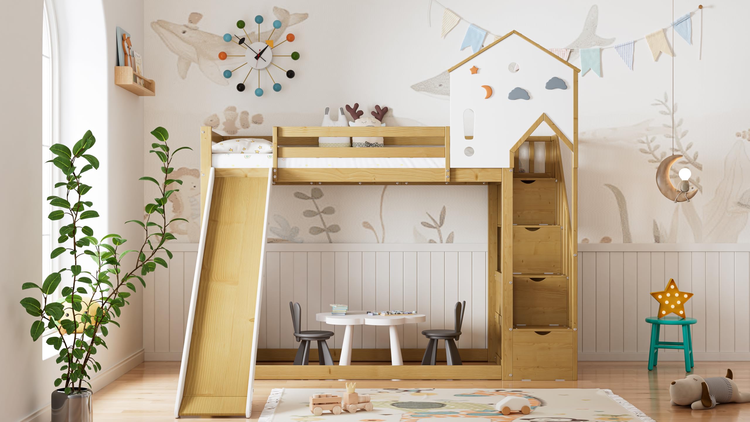 Letto a castello, letto per bambini, letto con scala angolare, culla con tetto e finestra, culla con 3 armadietti nelle scale, letto a castello con scivolo, pino MDF, bianco naturale, 90 x 200 cm