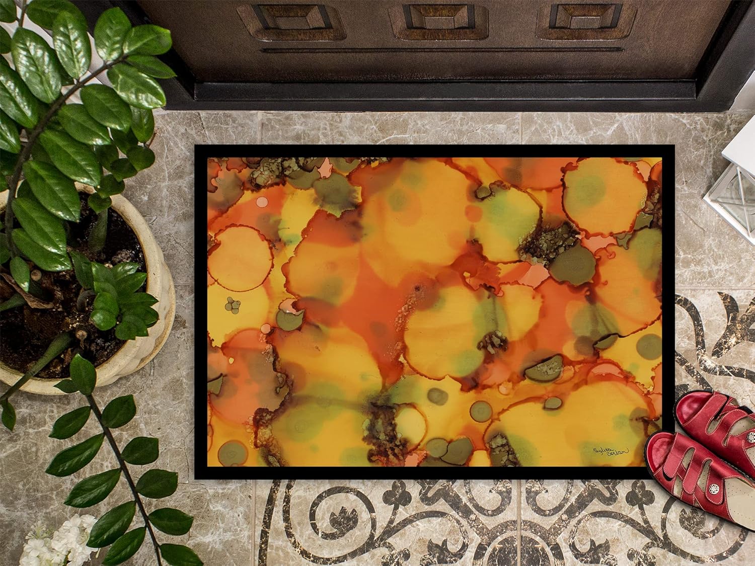 Caroline's Treasures 8976JMAT Abstract in Orange and Greens Doormat 24x36 Front Door Mat Indoor Outdoor Rugs for Entryway, Non Slip Washable Low Pile, 24H X 36W