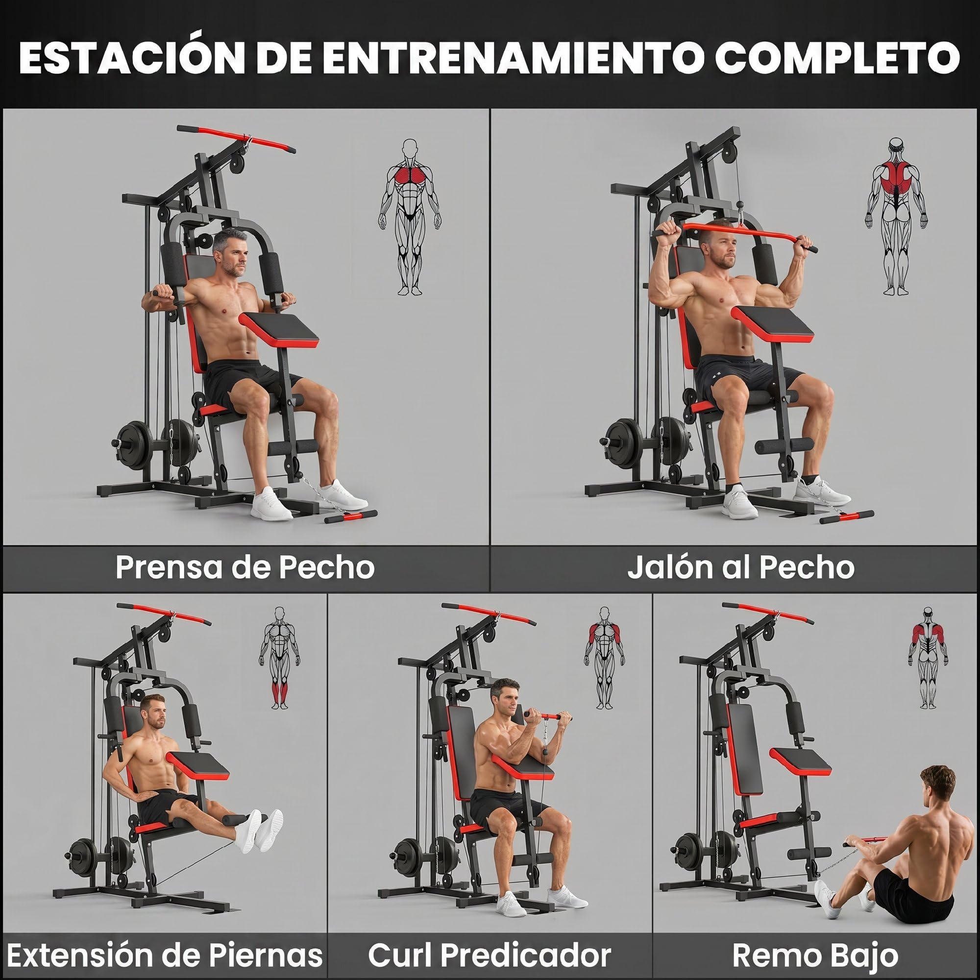 SPORTNOW Multiestación Musculación, Máquina de Musculación con Polea Alta y Baja, Prensa de Pecho, Curl de Piernas y Bíceps, Mariposa, Compatible con Discos 25 y 50 mm Carga 120 kg para Gimnasio Casa