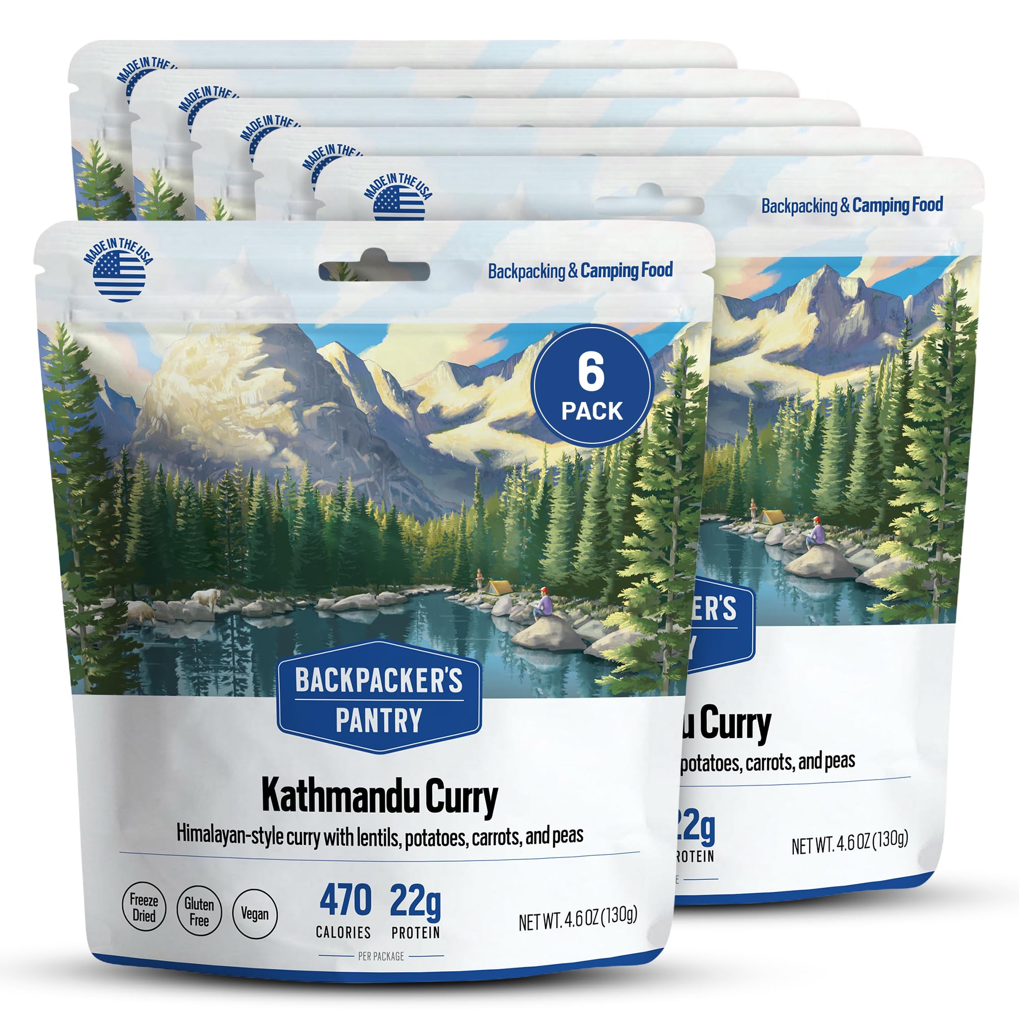 Backpacker's Pantry Kathmandu Curry - Alimento liofilizado para mochileros y campamentos - Alimento de emergencia - 24 gramos de proteínas, vegano, sin gluten - 6 unidades