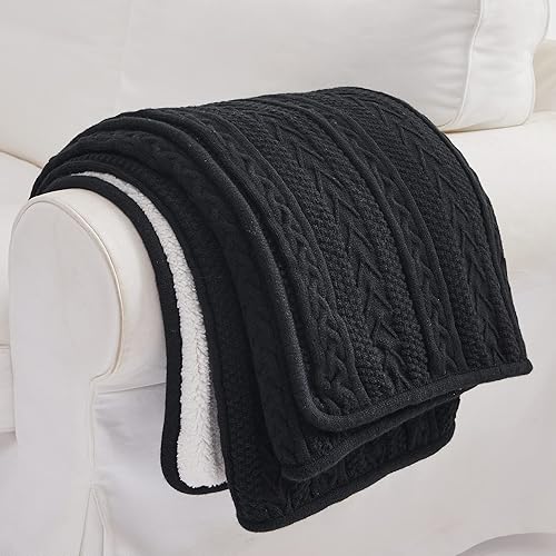 Miniatura 5 de Longhui bedding Manta de punto trenzado acrílico negro de 50 x 63 pulgadas, gruesa, suave, grande, acogedora manta de forro polar de punto para