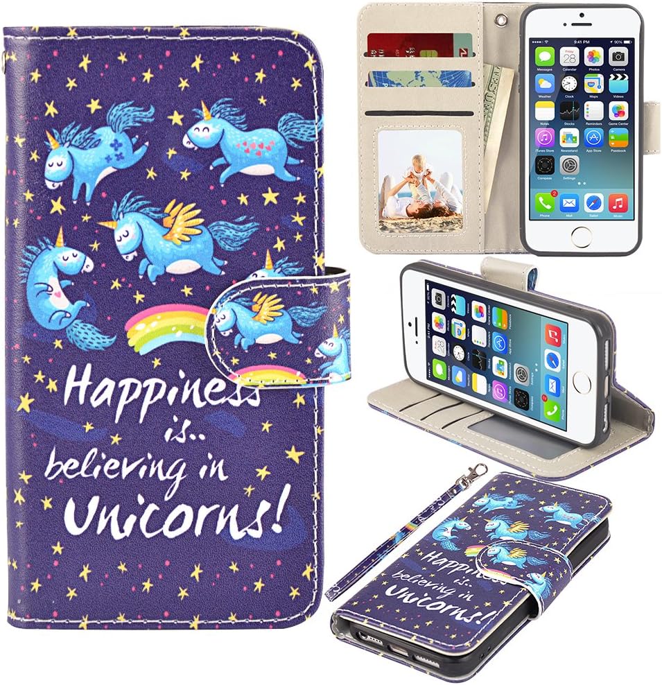 UrSpeedtekLive iPhone 5/5s/SE Case, iPhone 5/5s/SE Wallet Case, Premium PU Leather Wristlet Flip Case Cover with Card Slots & Stand for iPhone 5/5s/SE, Unicorn