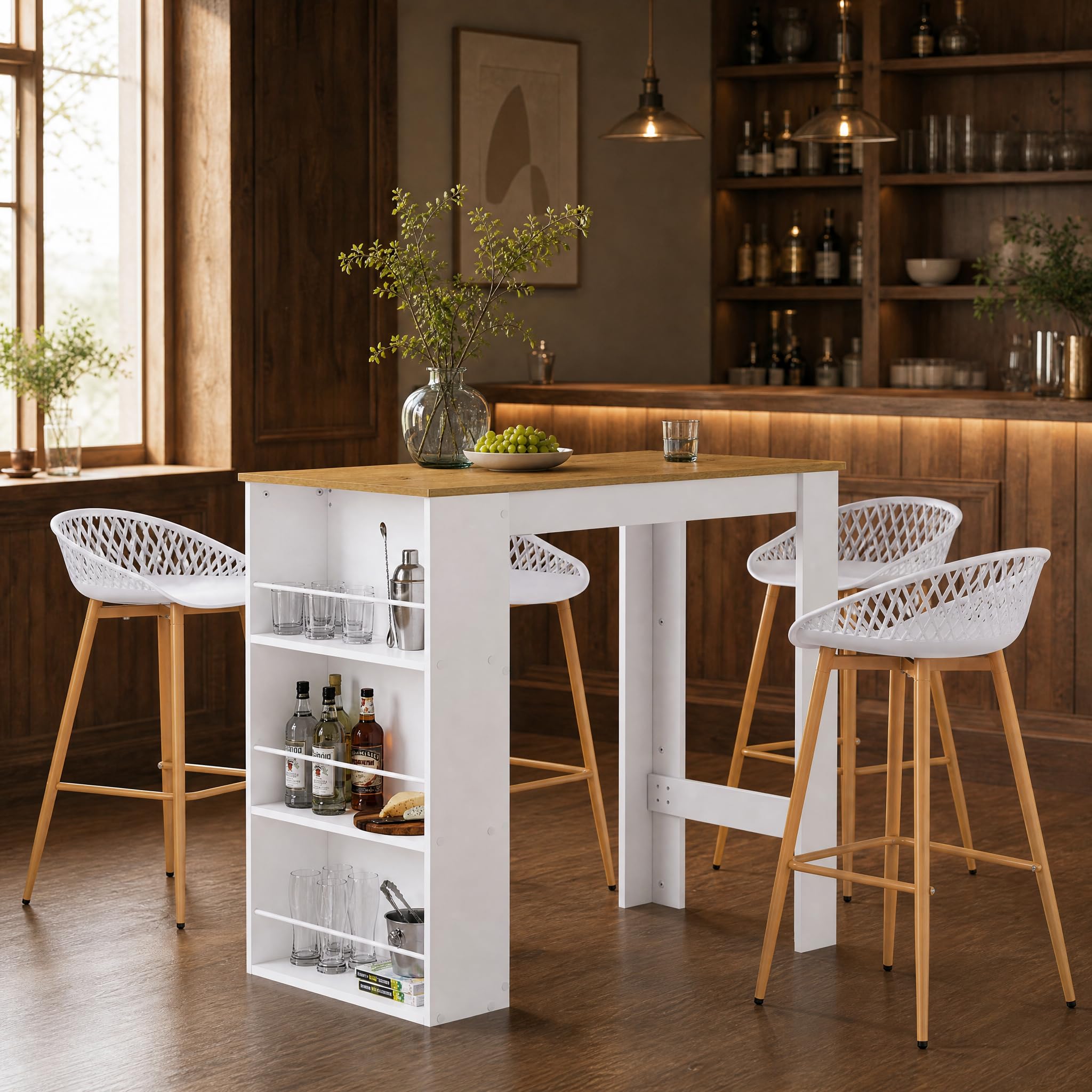 Tavolo da cucina con sedie, rovere scuro + 4 sgabelli alti bianchi | Set sala da pranzo (tavolo con 4 sedie), tavolo bar con vano contenitore per cucine, sale da pranzo e bar