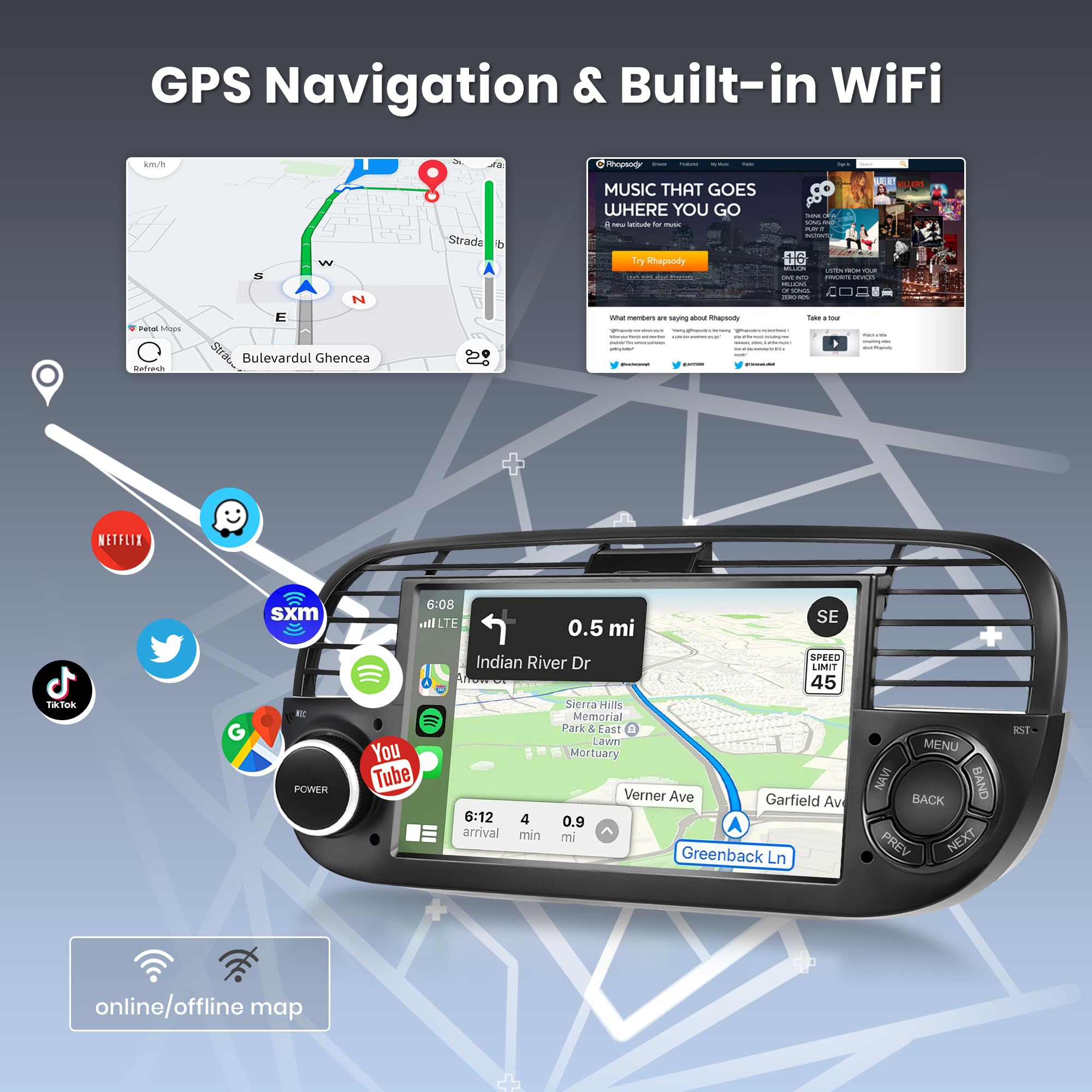 2G+64G Wireless Carplay Android Radio de Coche para FIAT 500 2007-2015 7 Pulgadas Pantalla Táctil Radio con Android Auto Navi GPS WiFi Mirror Link Bluetooth FM/RDS/DVR/EQ/Dab+/SWC Cámara Trasera