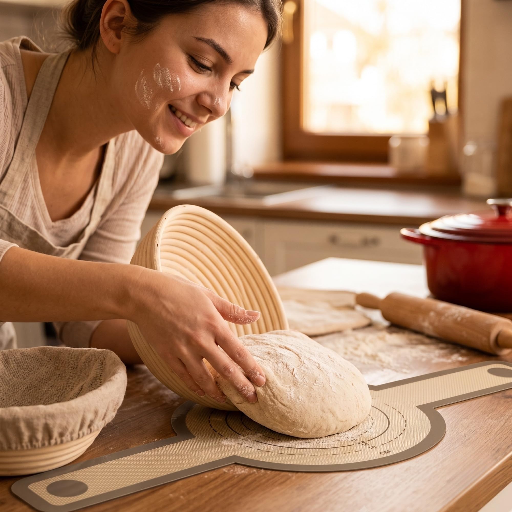 osoltus Gusseisen Brotbackform Set mit Kupeldeckel Silikonmatte Handschuhe Gärkorb 26cm Emaille Schwarz