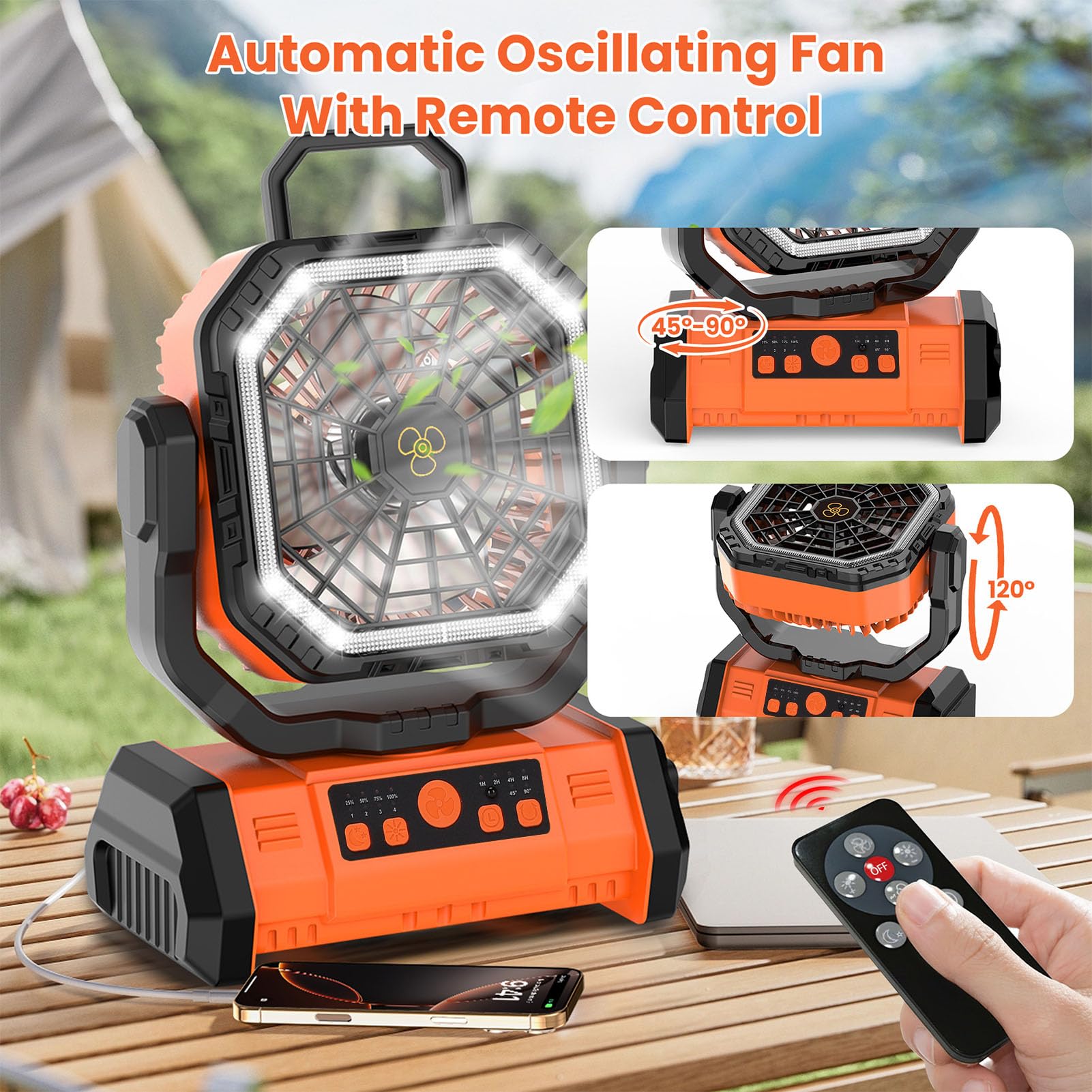 Ventilatore da campeggio con luce LED e telecomando, 4 velocità del, 3 livelli di luminosità, 58 ore di raffreddamento, batteria ricaricabile da 20000 mAh, con gancio per