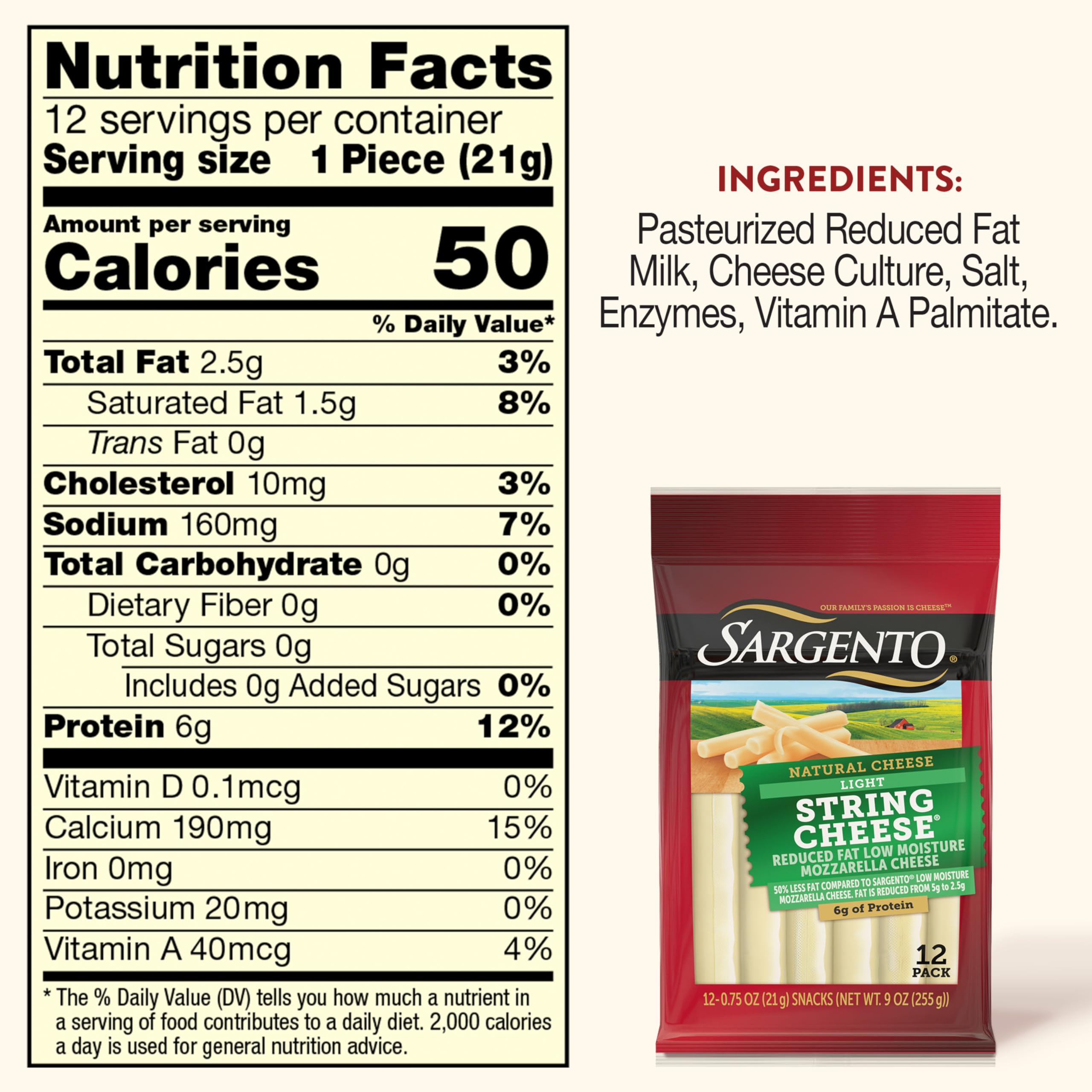 Sargento Reduced Fat Natural Low Moisture Part-Skim Mozzarella Light String Cheese 12-Count — view 2