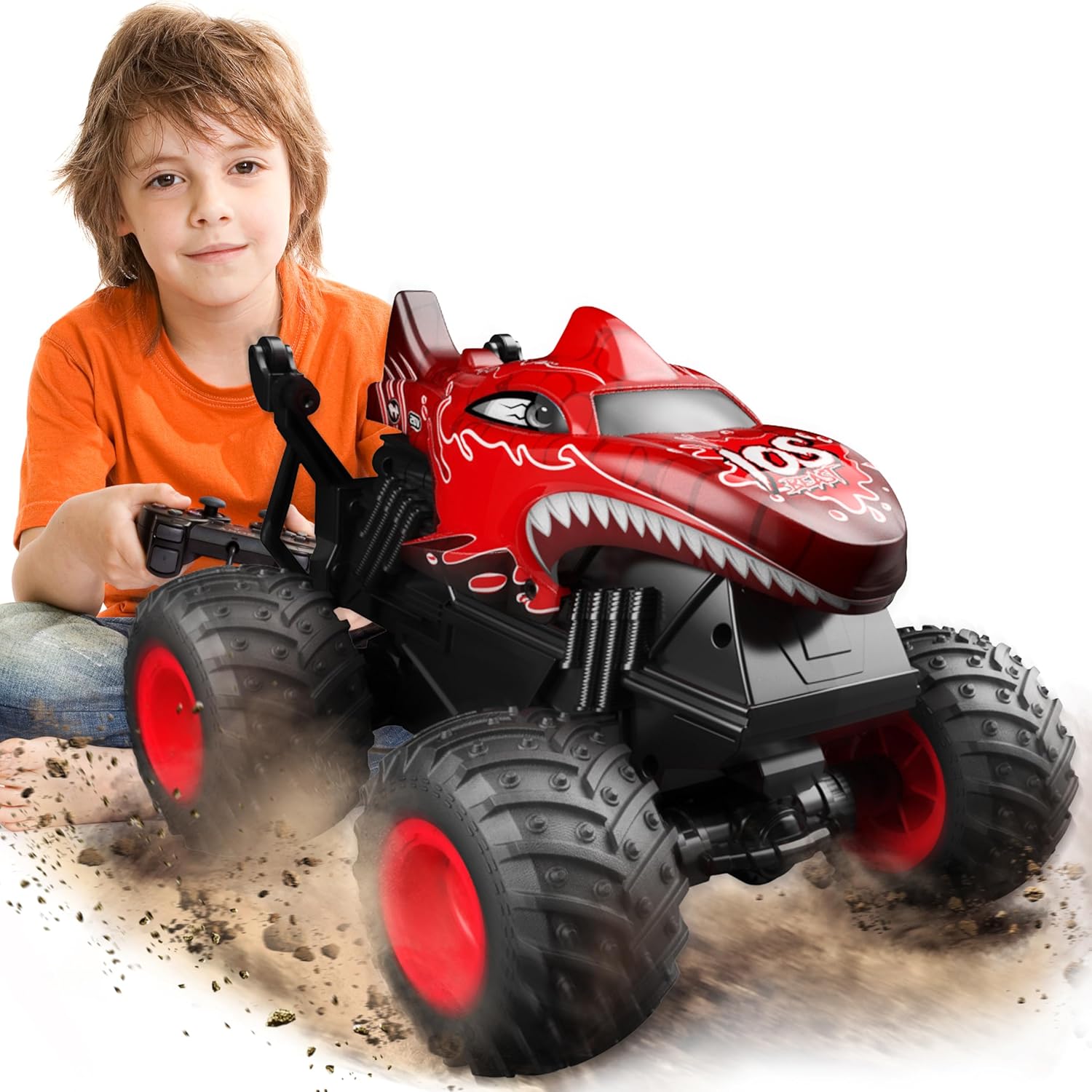 BEZGAR Monster Truck Toys – Remote Control Monster Truck with Light & Music, Dinosaur Toys for Kids, 1:20 Scale RC Truck with 360° Spins and Drifting, Remote Control Car for Boys 4-7 Red BEZGAR Monster Truck Toys – Remote Control Monster Truck with Light & Music, Dinosaur Toys for Kids, 1:20 Scale RC Truck with 360° Spins and Drifting, Remote Control Car for Boys 4-7 Red