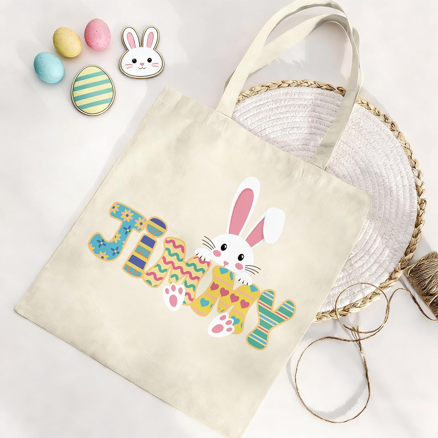 Custom Easter Bag with Name Personalized Easter Tote Bags for Girls Boys Reusable Canvas Bag for Egg Hunts - Image 6