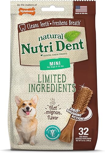 Nylabone Nutri Dent Dog Dental Chews - Limpieza natural de dientes y ambientador de aliento - Golosinas dentales para perros - Sabor Filet Mignon,